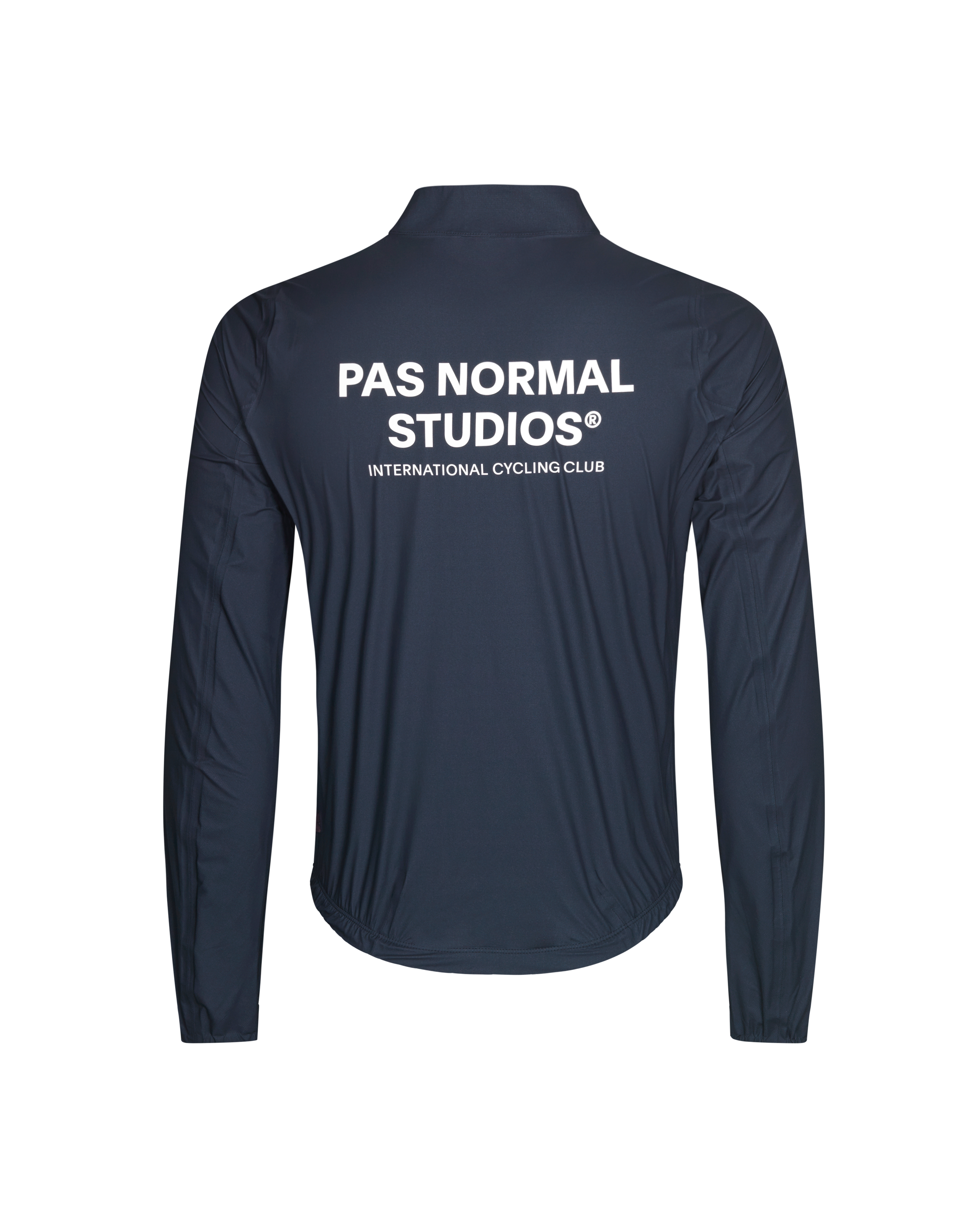 Navy Mechanism Pertex Rain cycling jacket, rear view with white brand text
