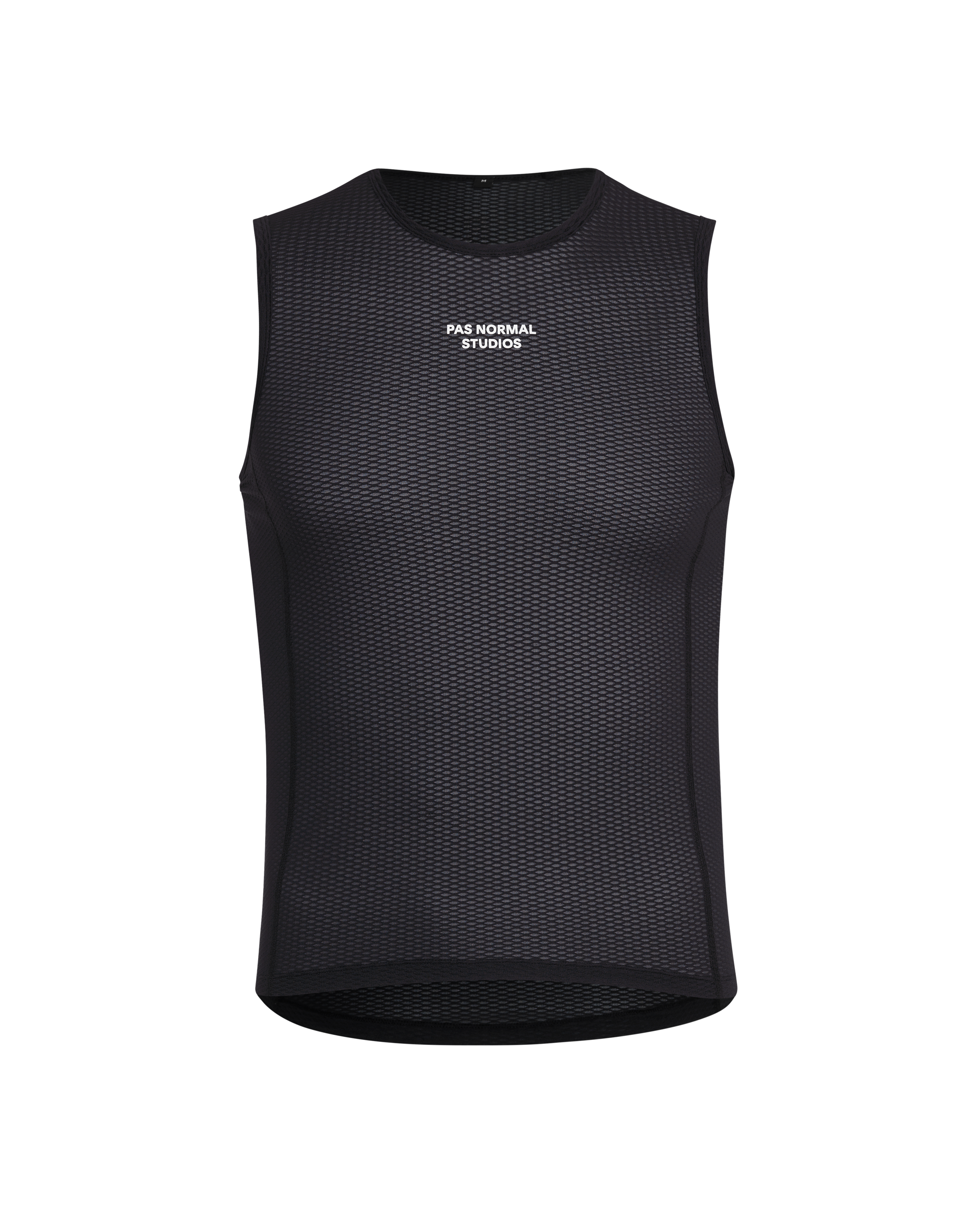 Black Mechanism sleeveless cycling base layer, front view with mesh construction and white chest logo