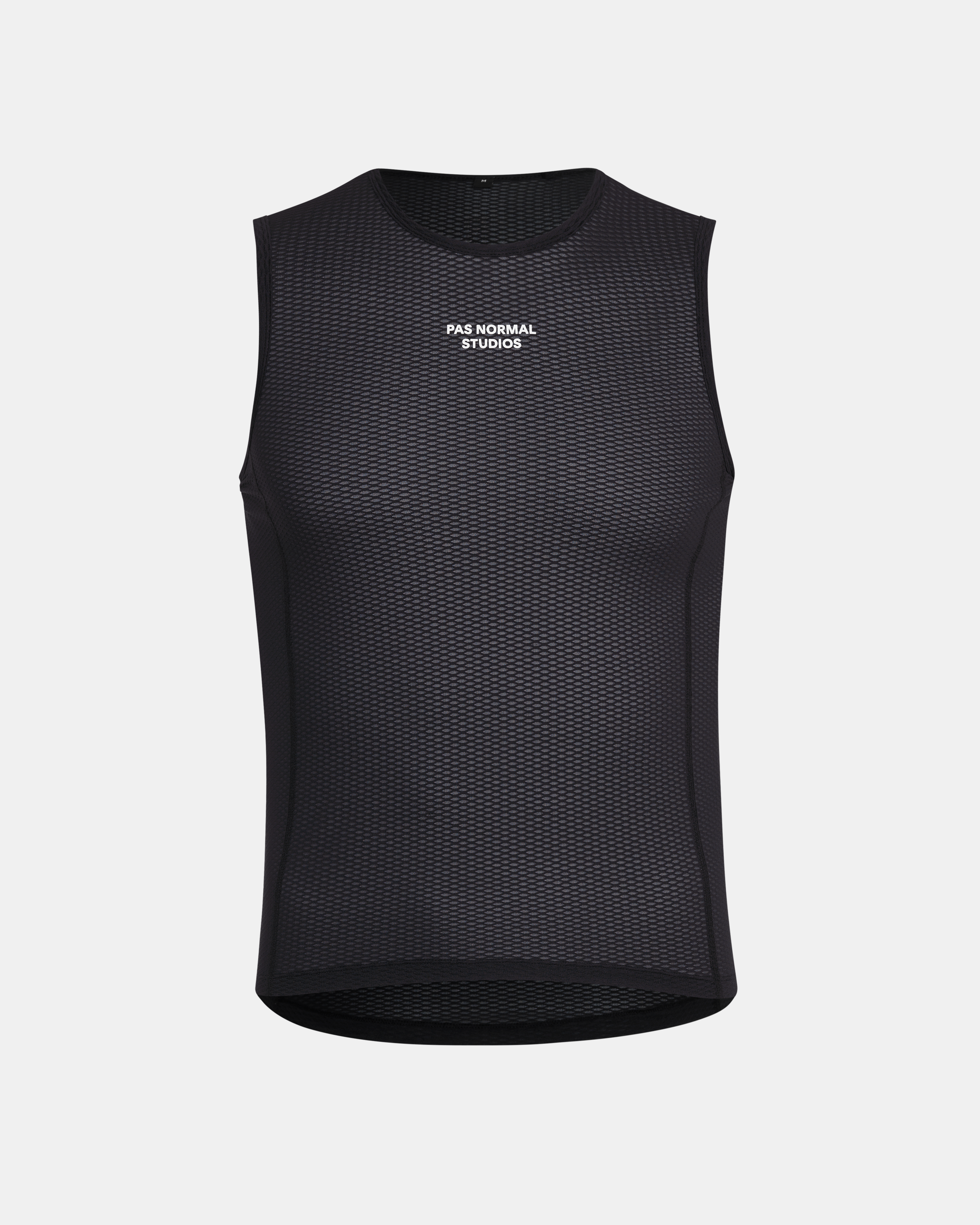 Black Mechanism sleeveless cycling base layer, front view with mesh construction and white chest logo