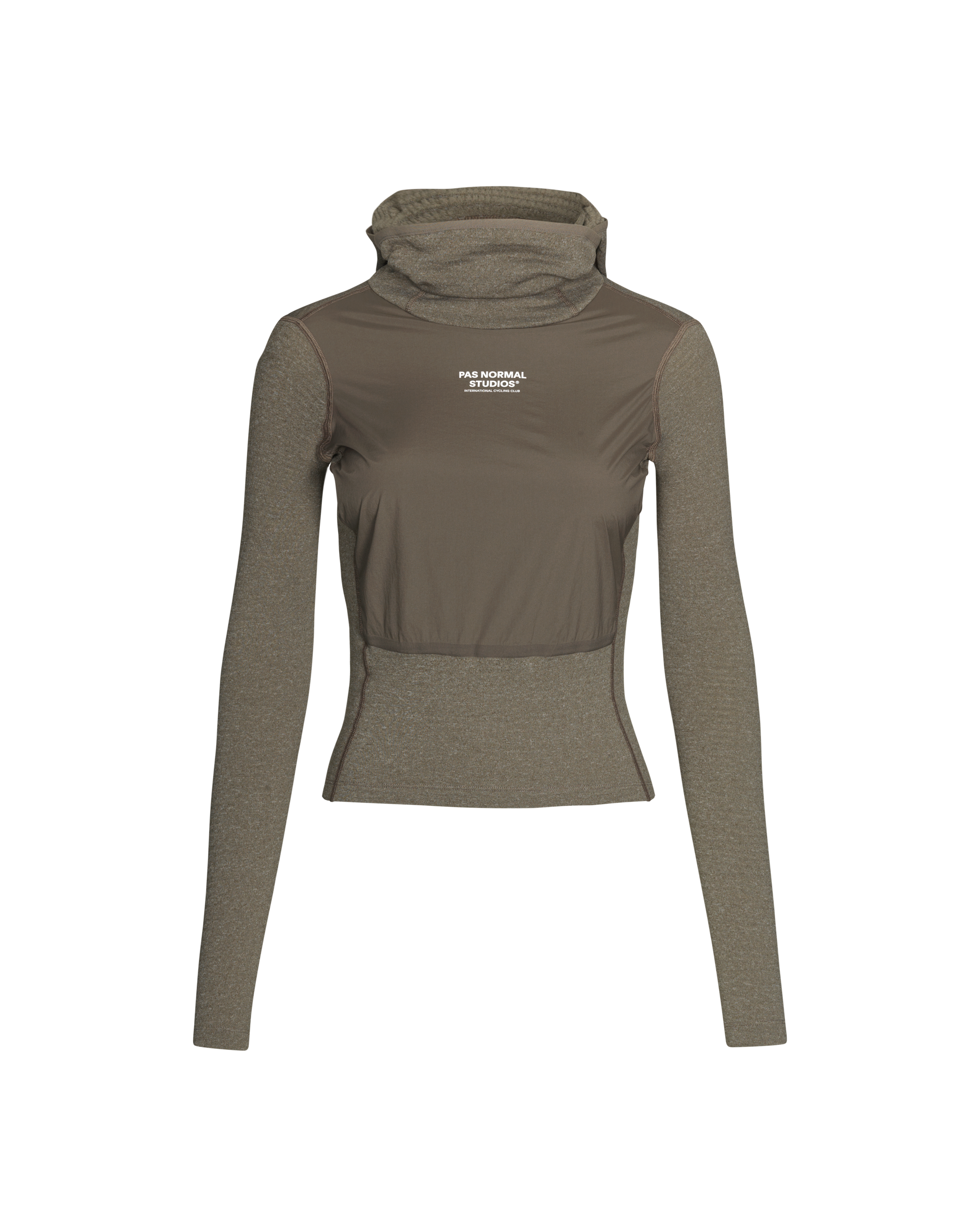 Grey Thermal Hooded Windproof base layer, front view with cowl neck and contrast chest panel