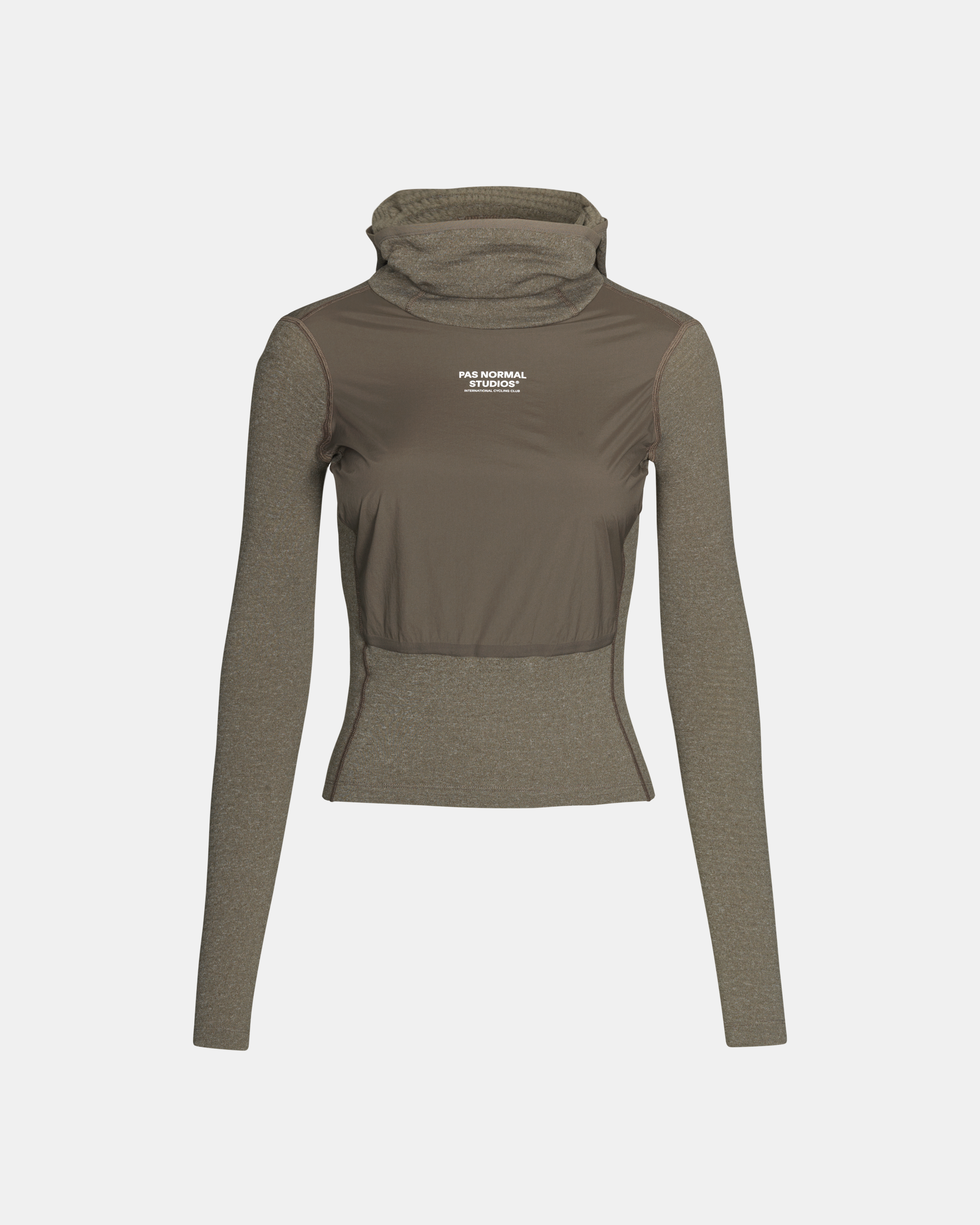 Grey Thermal Hooded Windproof base layer, front view with cowl neck and contrast chest panel