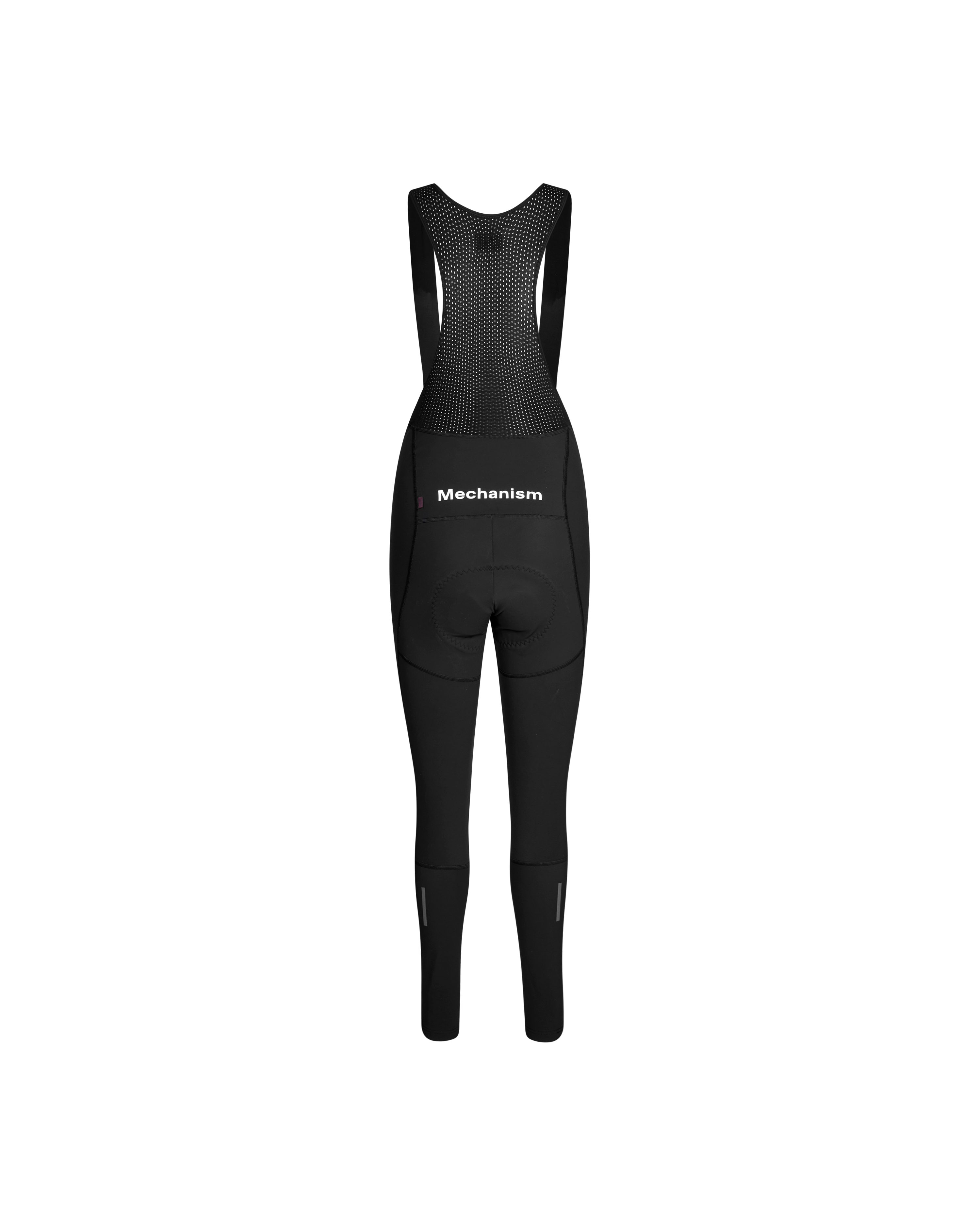 Black Mechanism Deep Winter Long cycling bibs, front flat lay with mesh bib panel