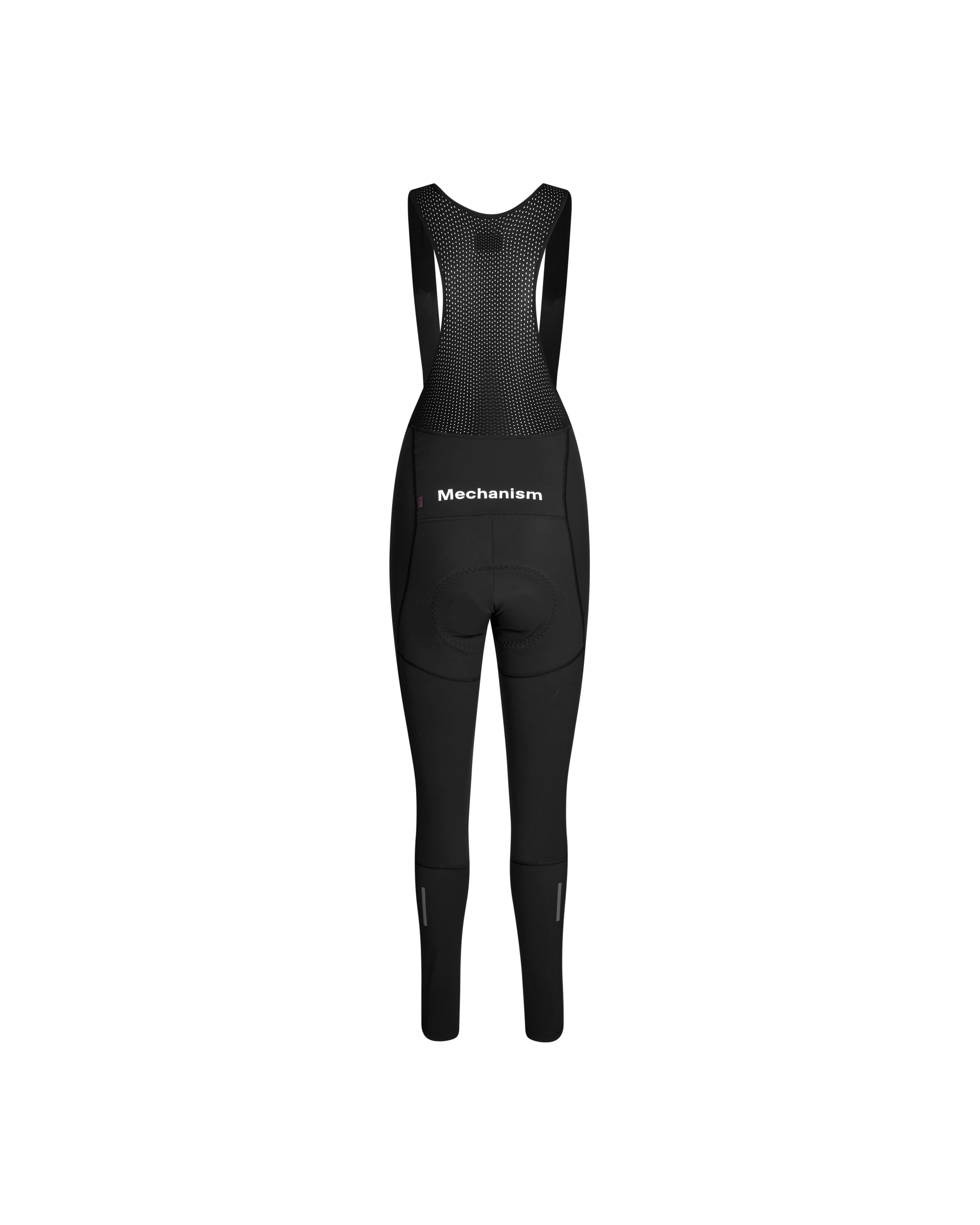 Black Mechanism Deep Winter Long cycling bibs, front flat lay with mesh bib panel