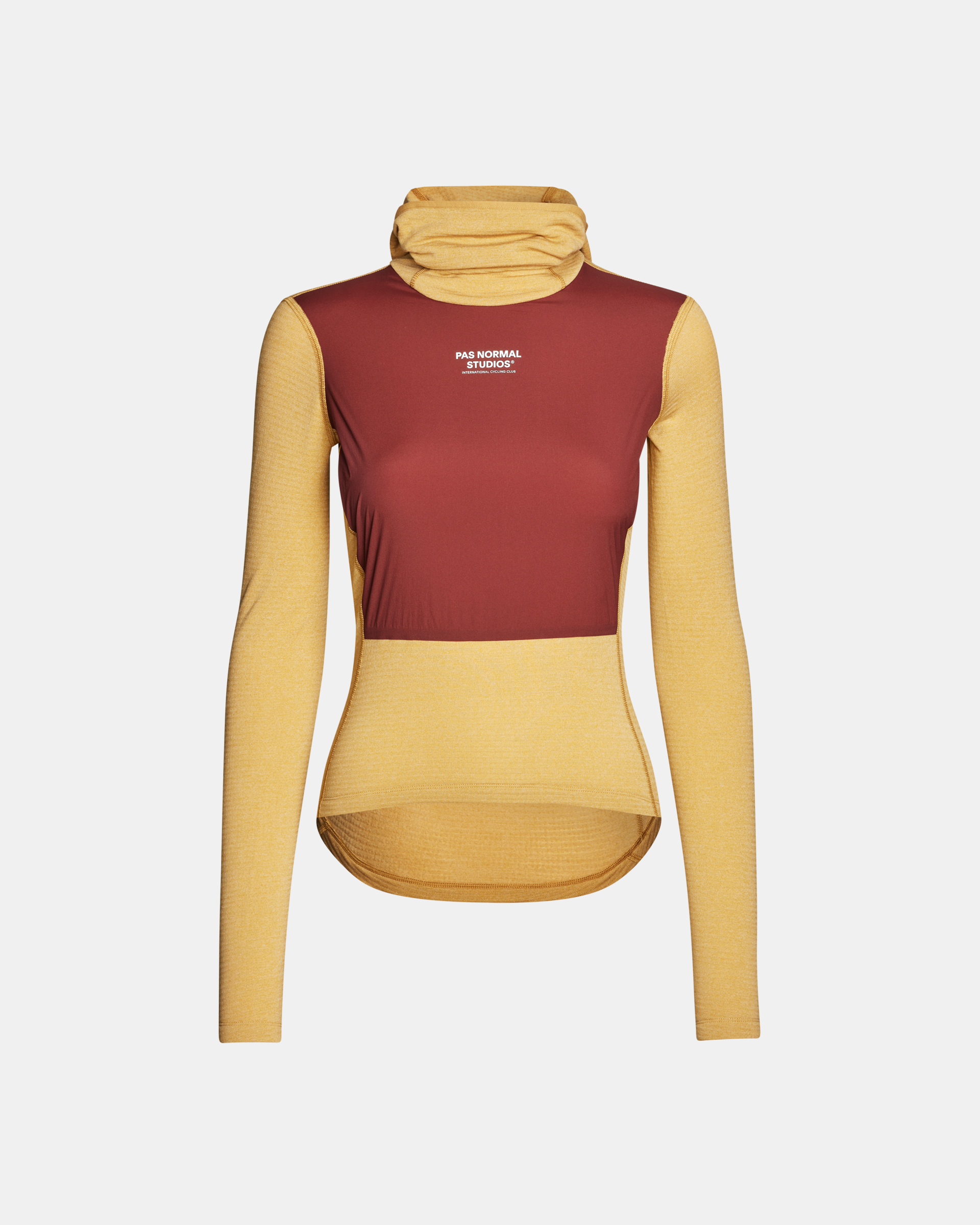 Yellow thermal hooded base layer, front view with burgundy windproof panel and white chest logo