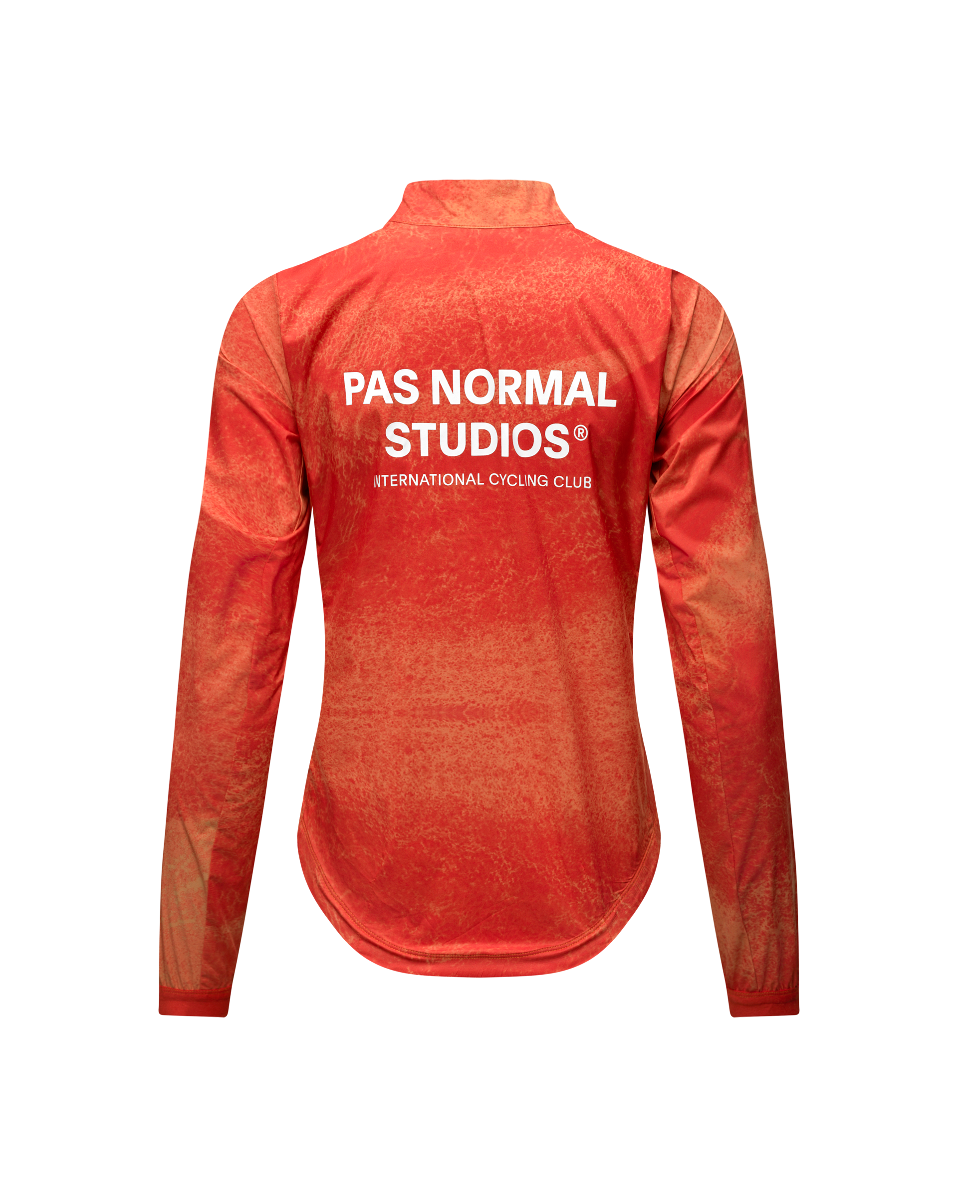 Orange Mechanism Stow Away jacket, rear flat lay with white back logo