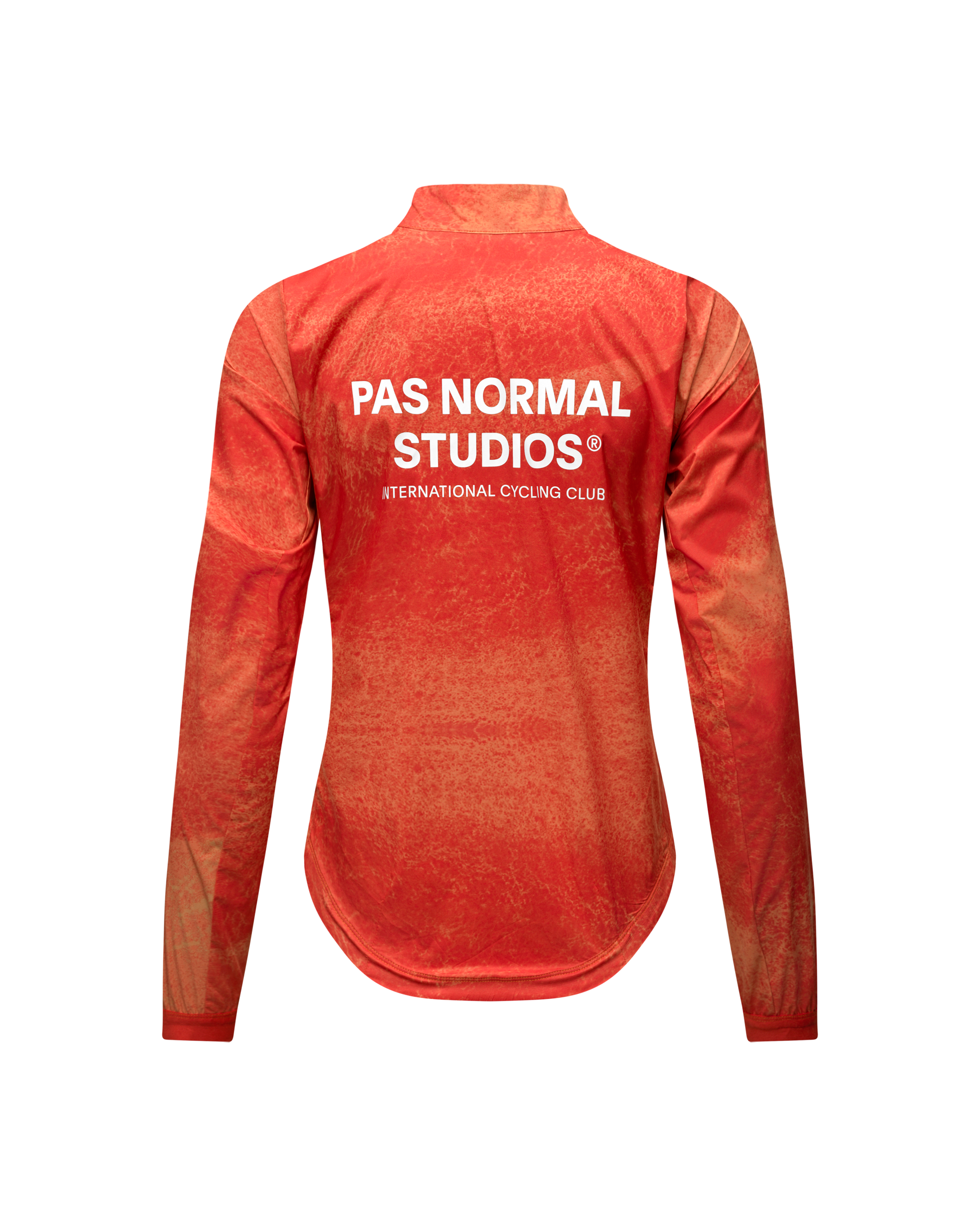 Orange Mechanism Stow Away jacket, rear flat lay with white back logo