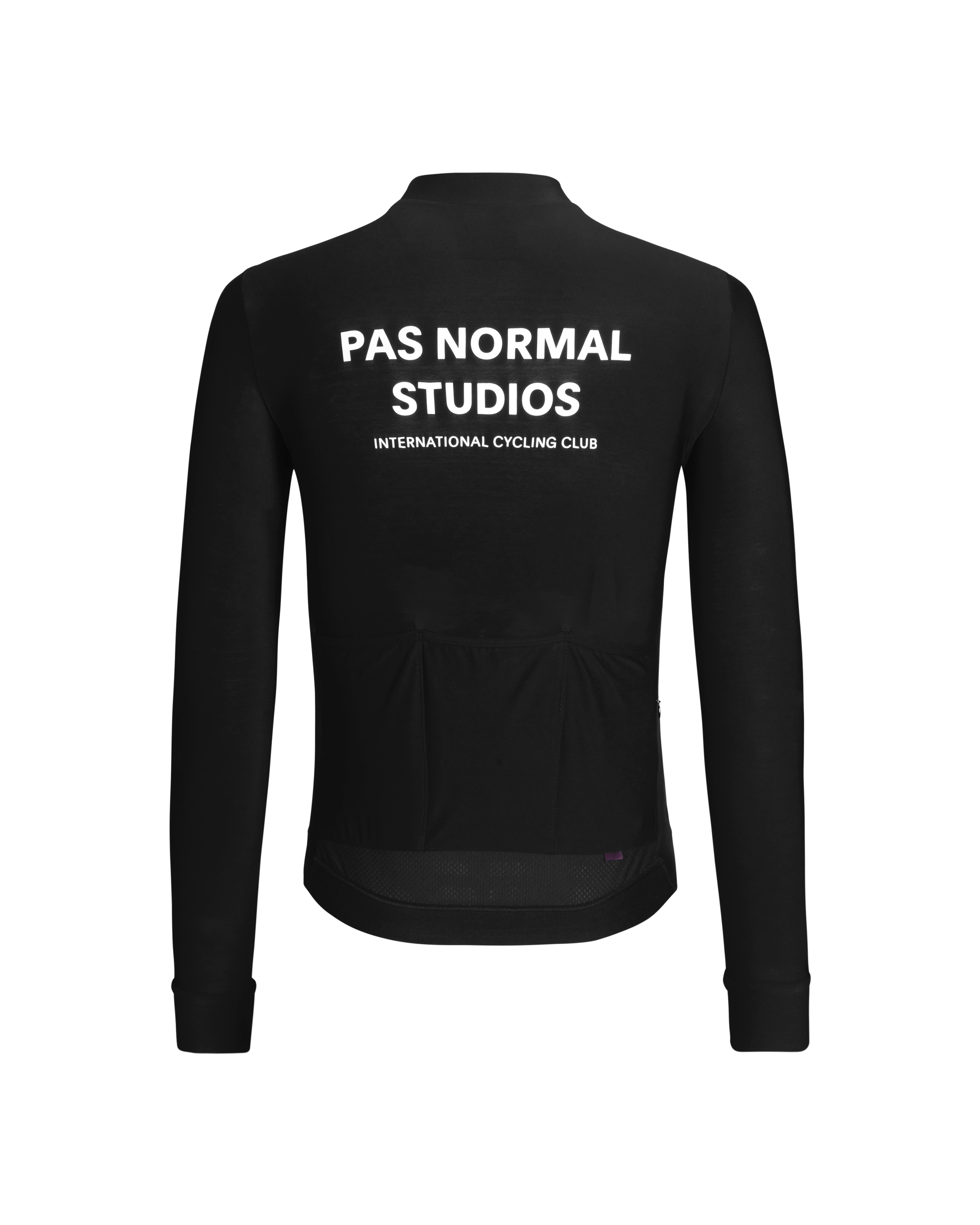 Black Mechanism long sleeve cycling jersey, rear view with white logo and text print