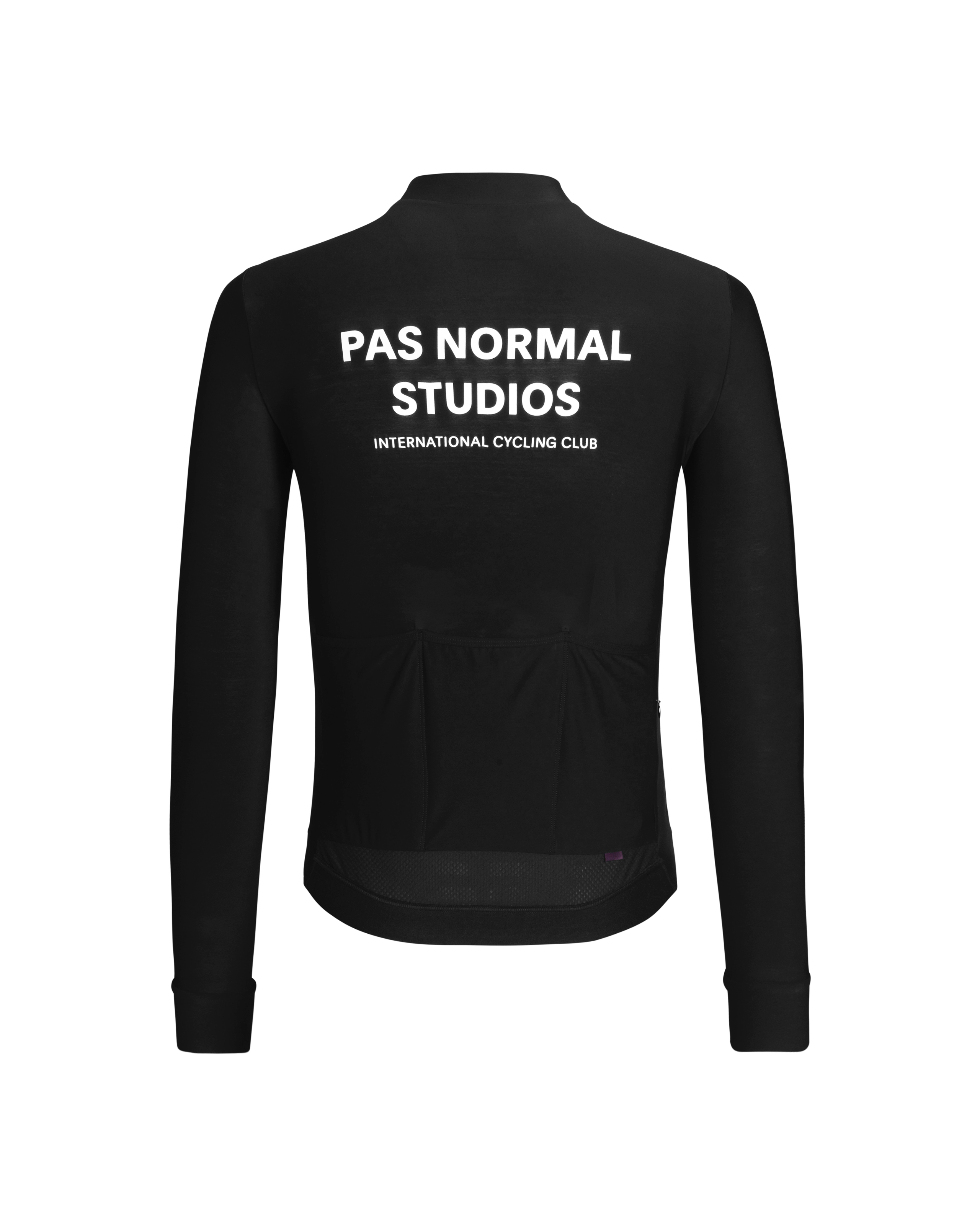 Black Mechanism long sleeve cycling jersey, rear view with white logo and text print