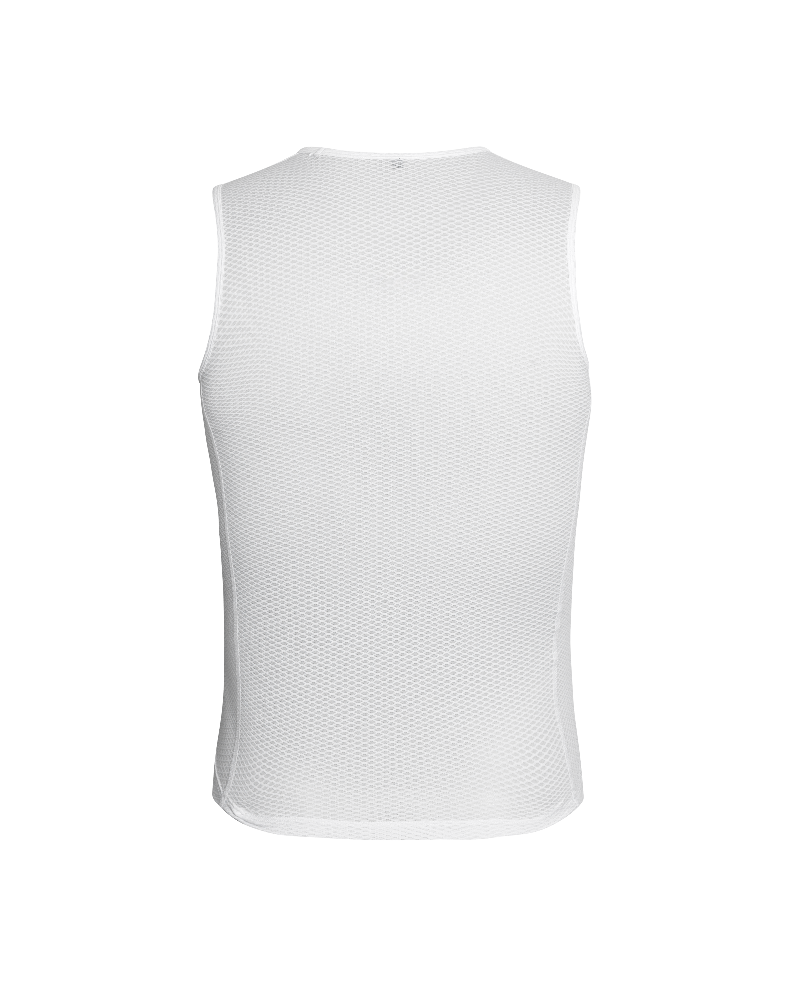White JJJJound sleeveless cycling base layer, rear flat lay with mesh texture