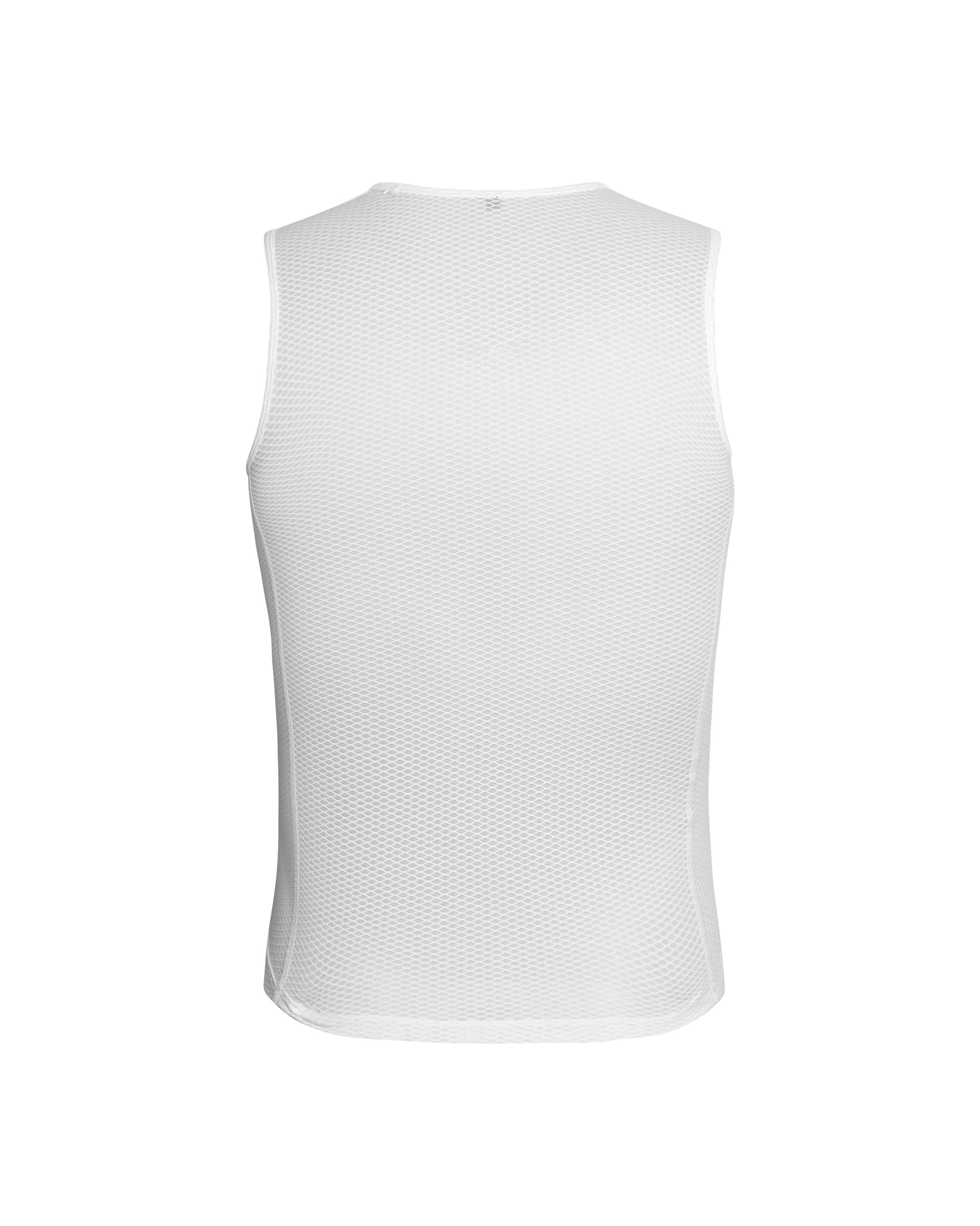 White JJJJound sleeveless cycling base layer, rear flat lay with mesh texture