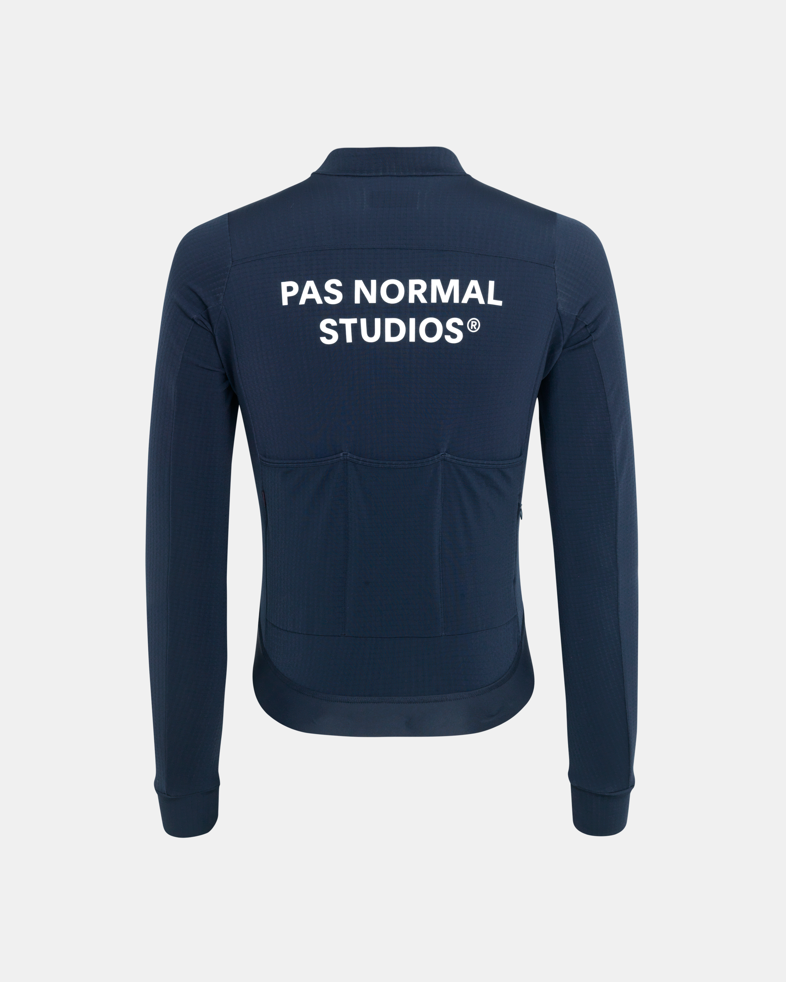 Navy Essential long sleeve cycling jersey, rear view with white back logo