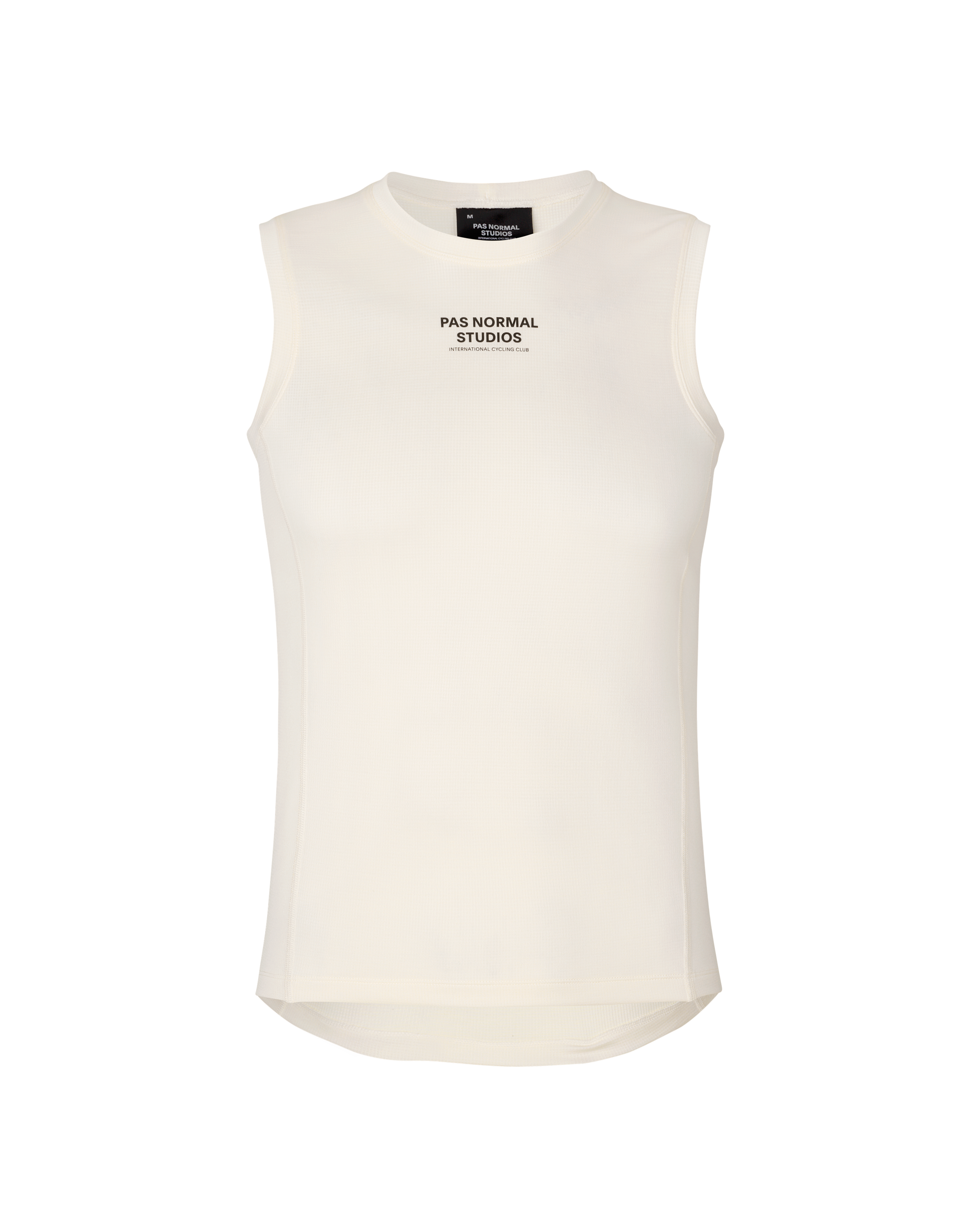 Off White Mid Sleeveless base layer, front flat lay with black chest print