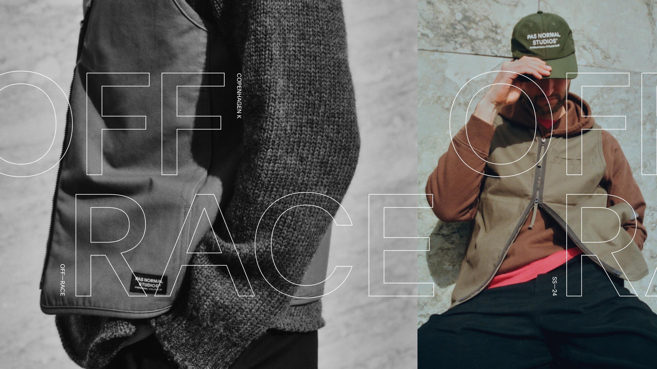 Model wearing Off-Race collection items including brown jacket and olive cap with branding