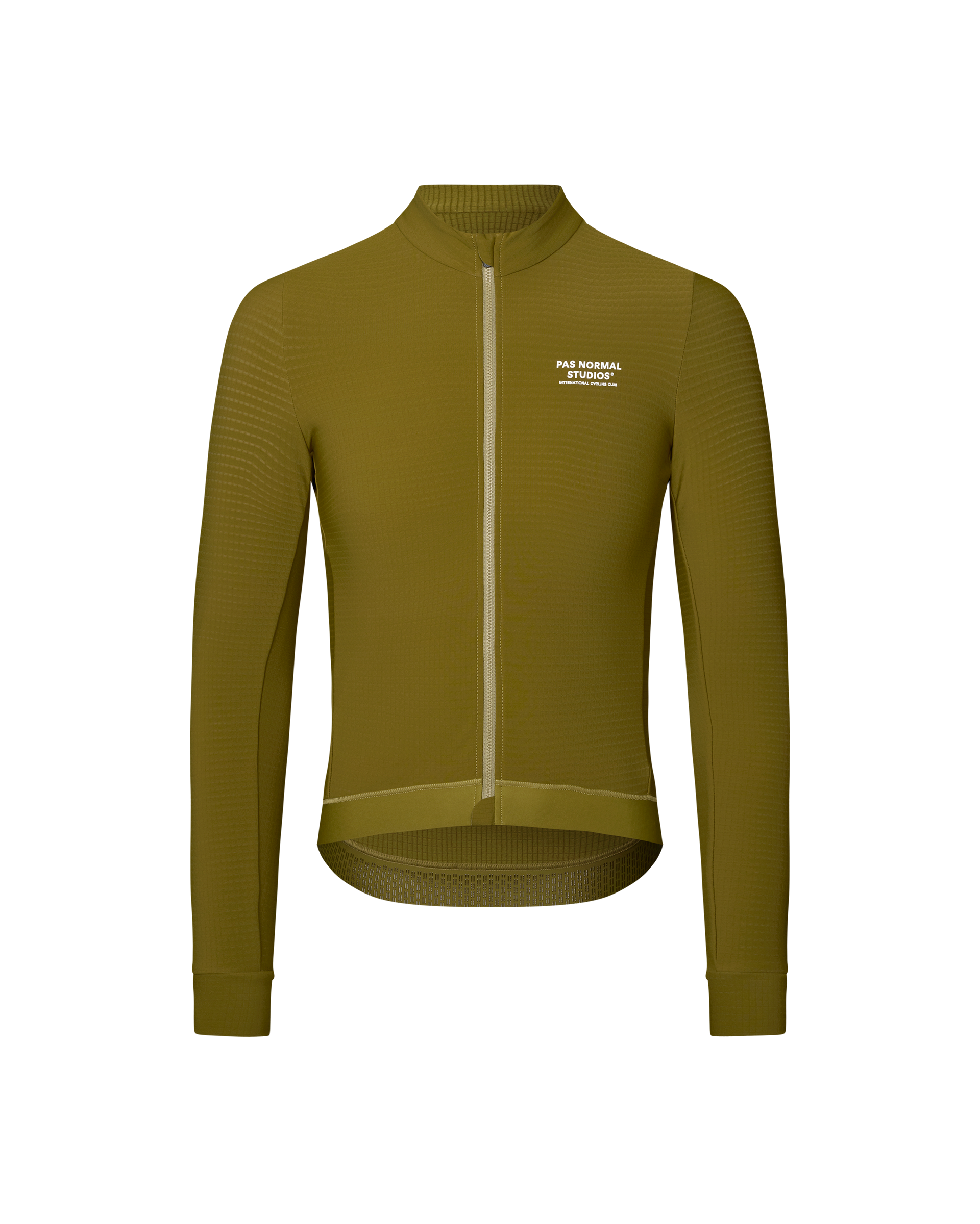 Khaki Green Essential long sleeve cycling jersey, front flat lay with white chest logo