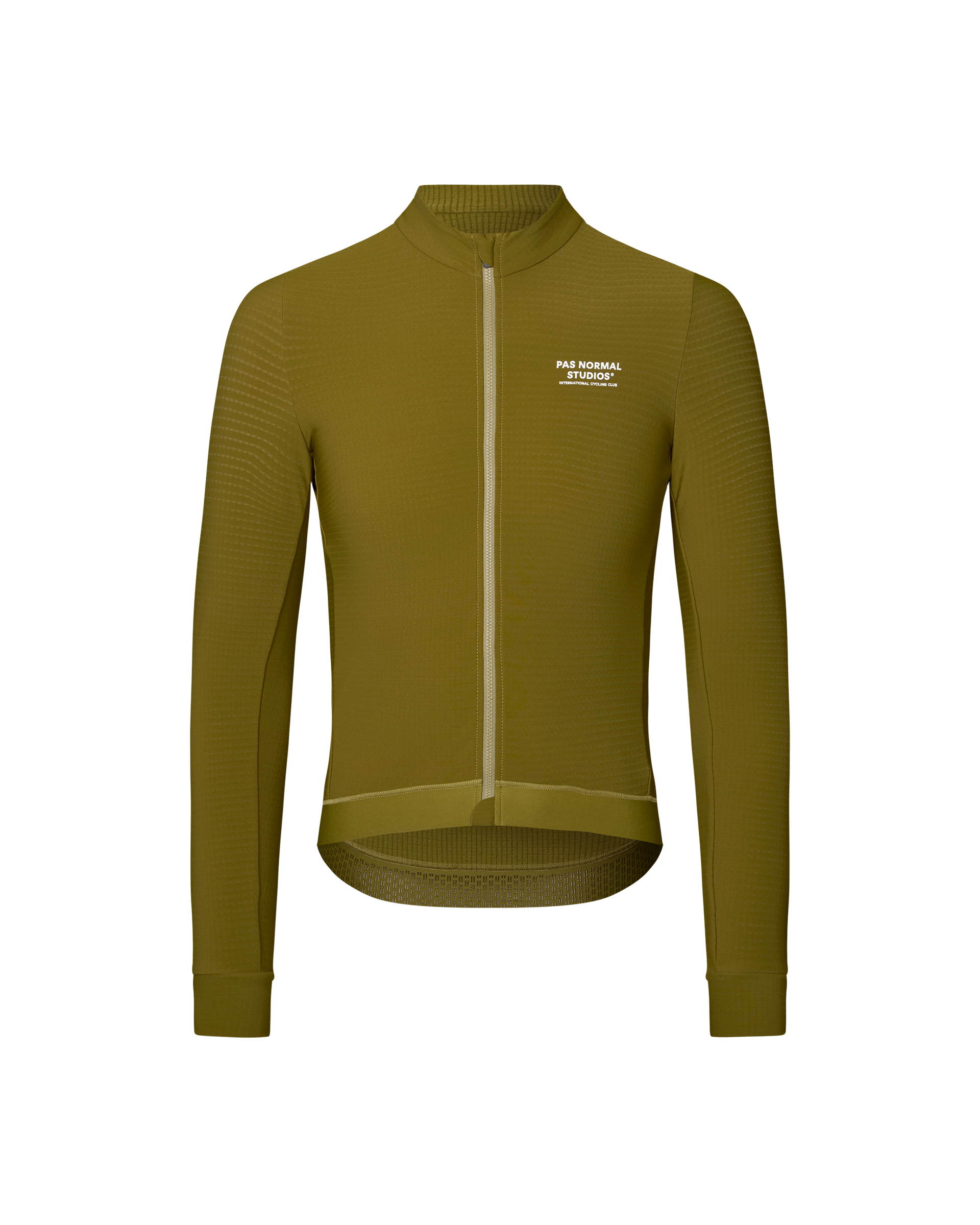 Khaki Green Essential long sleeve cycling jersey, front flat lay with white chest logo