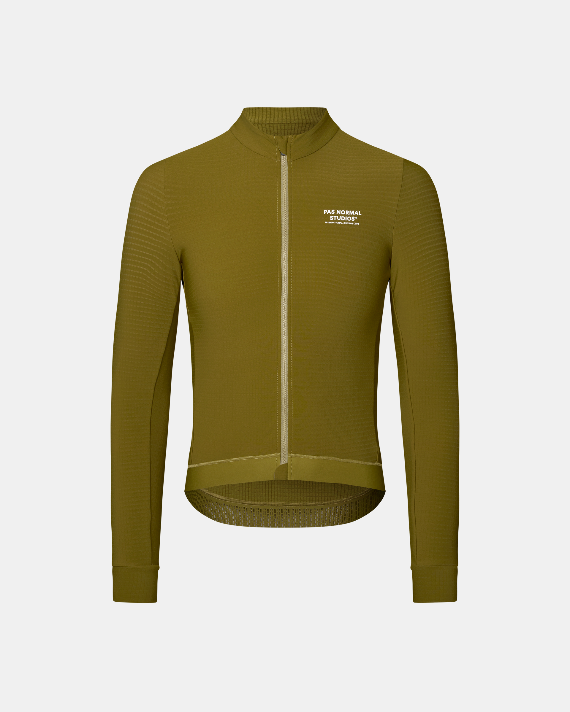 Khaki Green Essential long sleeve cycling jersey, front flat lay with white chest logo