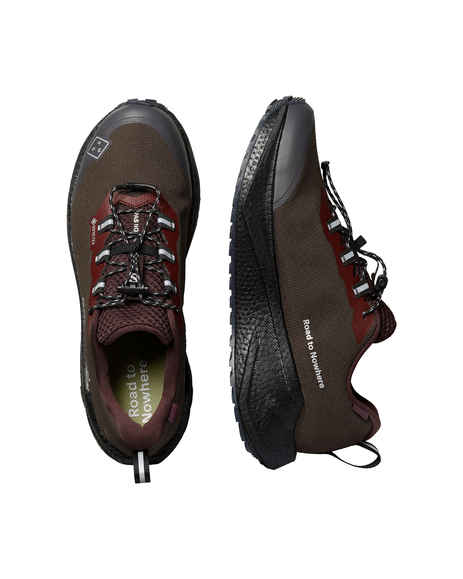 Light Brown Salomon AERO BLAZE 4 GRVL GTX trail shoe pair, top and side view with burgundy heel and black lugged sole
