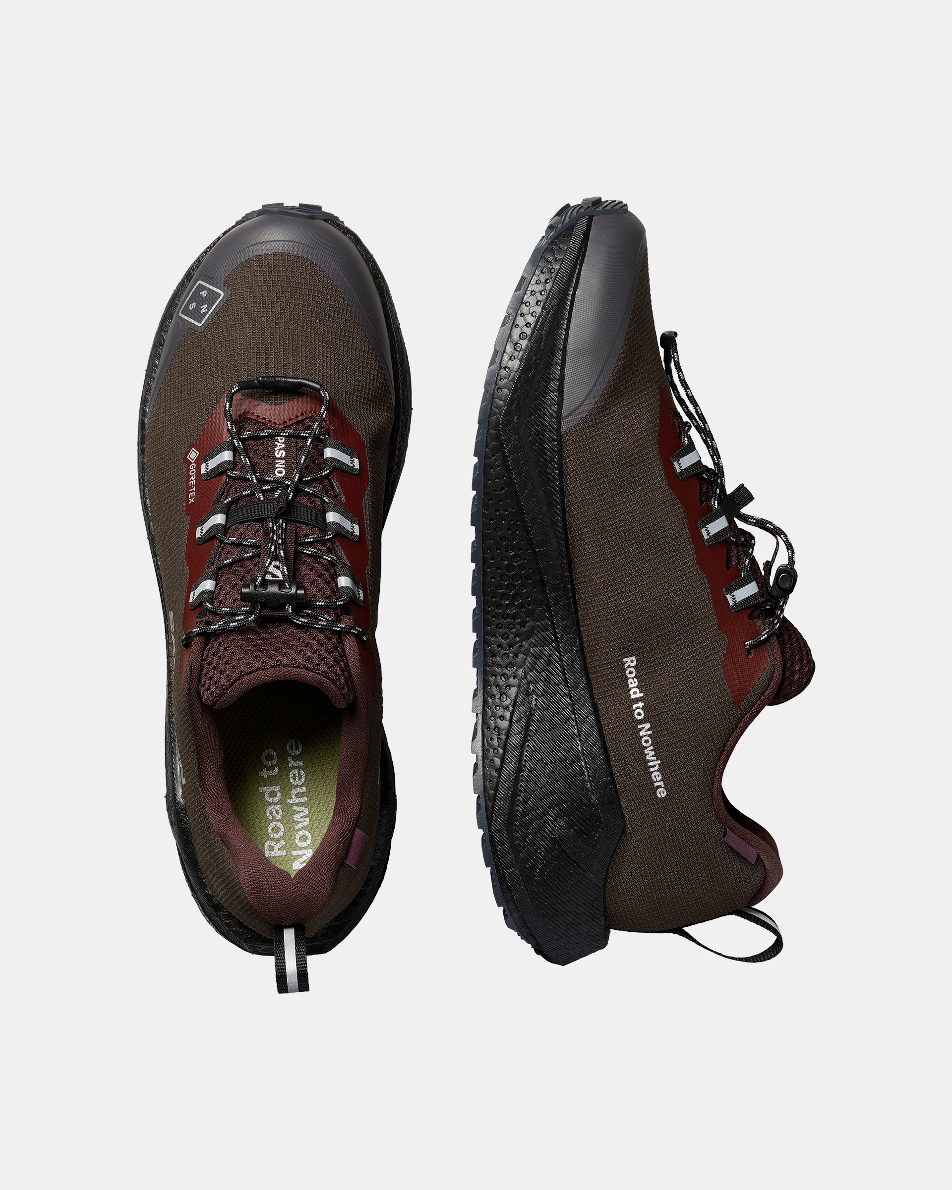 Light Brown Salomon AERO BLAZE 4 GRVL GTX trail shoe pair, top and side view with burgundy heel and black lugged sole