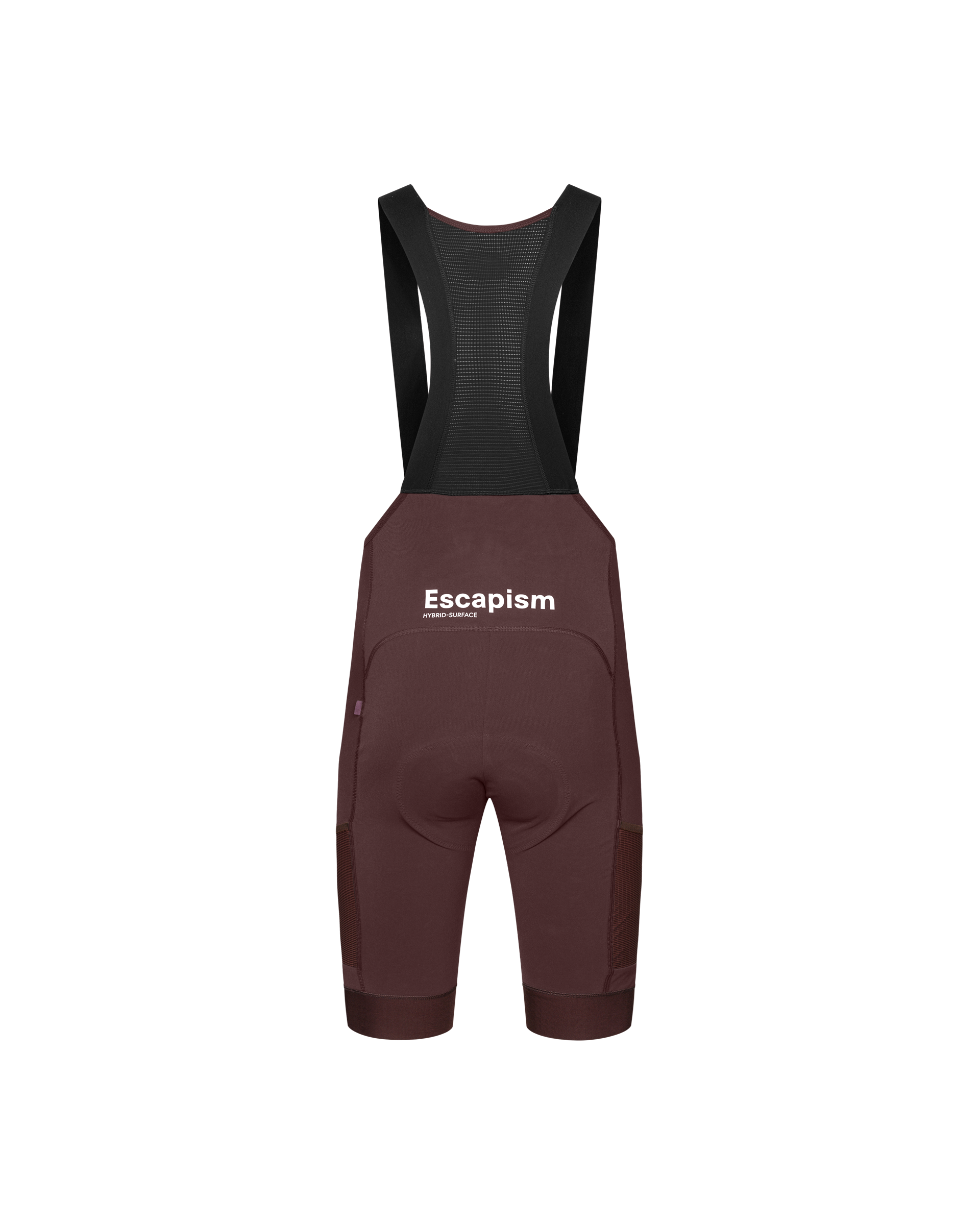 Dark Red Escapism Cargo bibs, rear flat lay with white collection logo