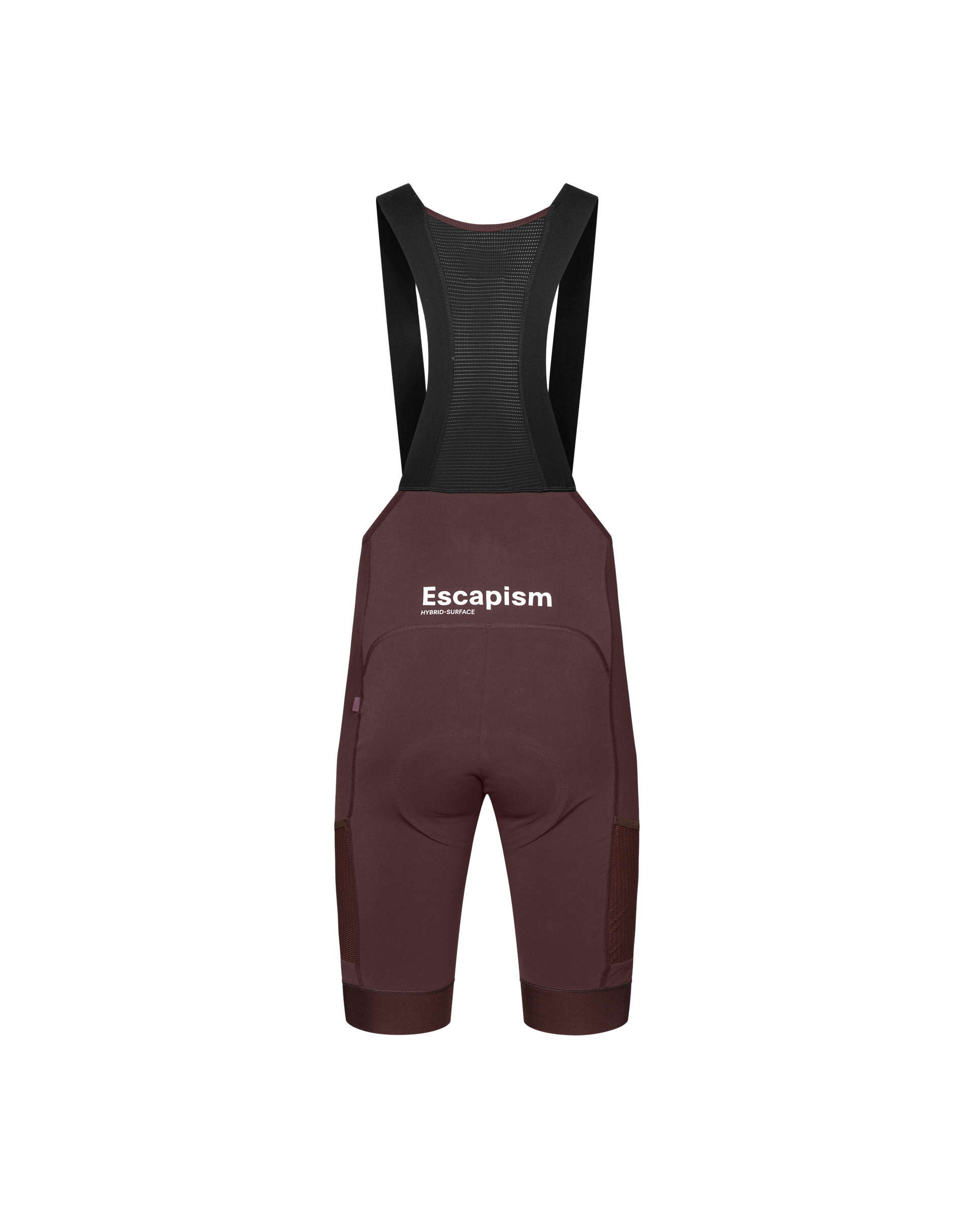 Dark Red Escapism Cargo bibs, rear flat lay with white collection logo