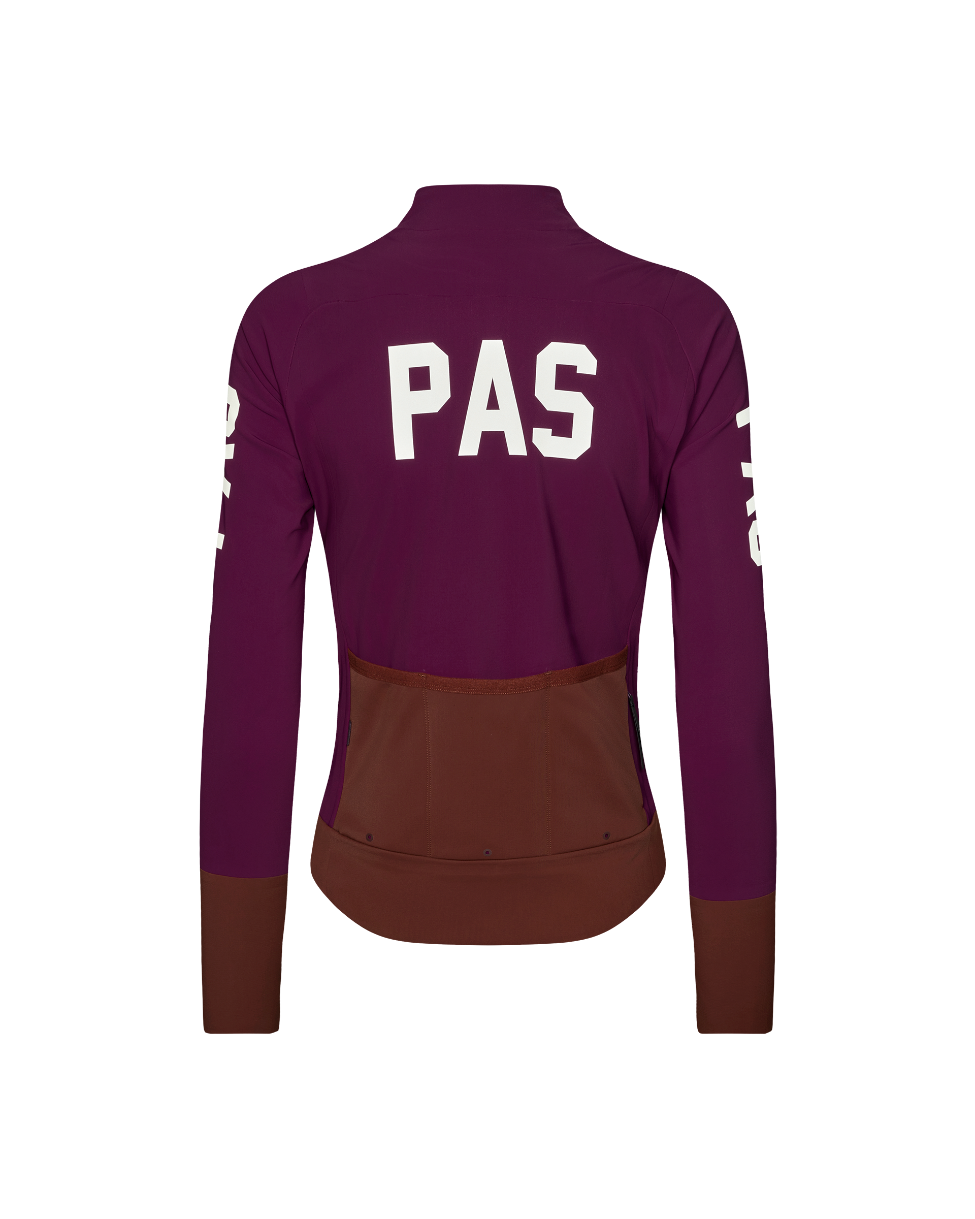 Dark Purple PAS Mechanism women's cycling jacket, rear flat lay with white back print and brown contrast hem panel