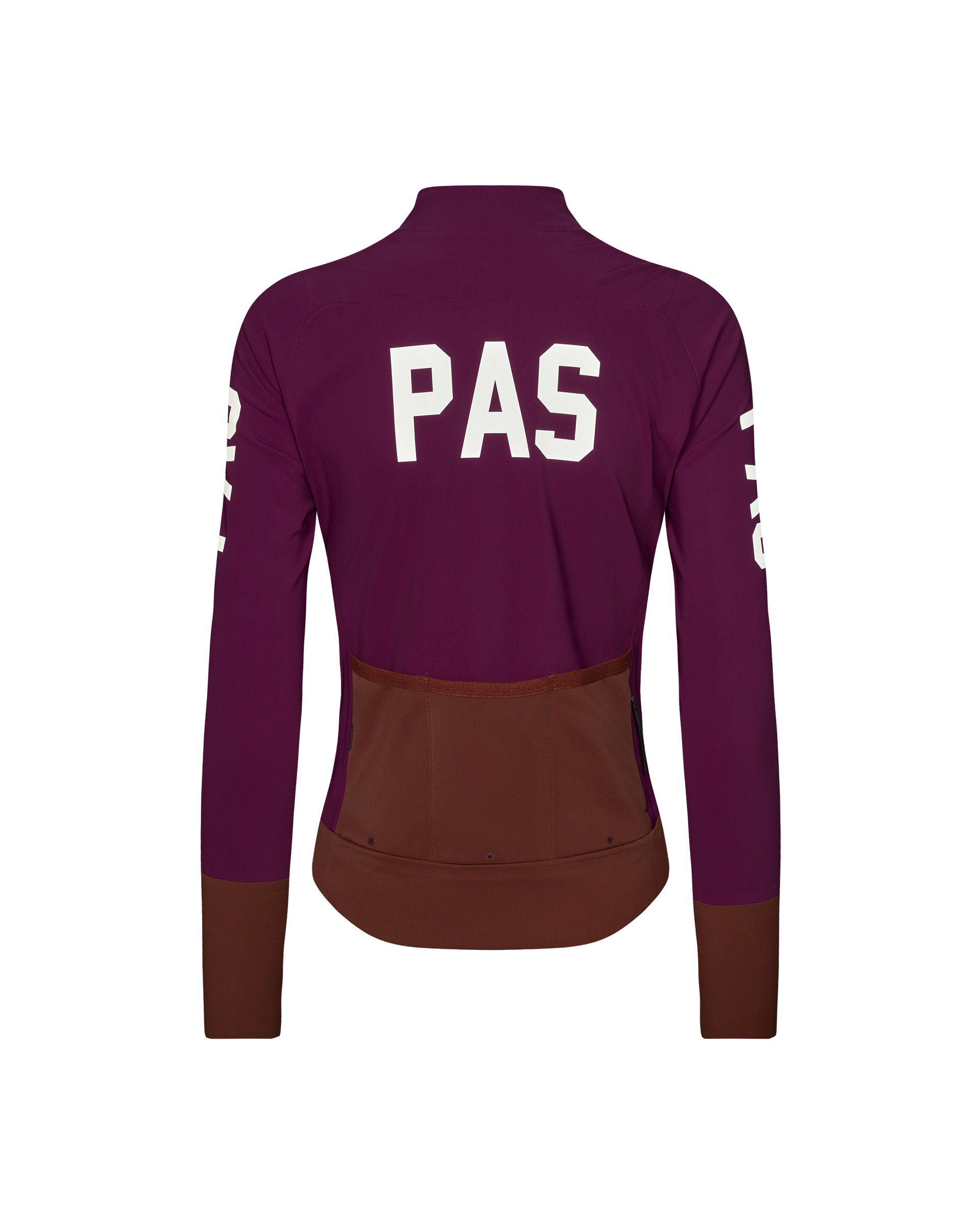 Dark Purple PAS Mechanism women's cycling jacket, rear flat lay with white back print and brown contrast hem panel