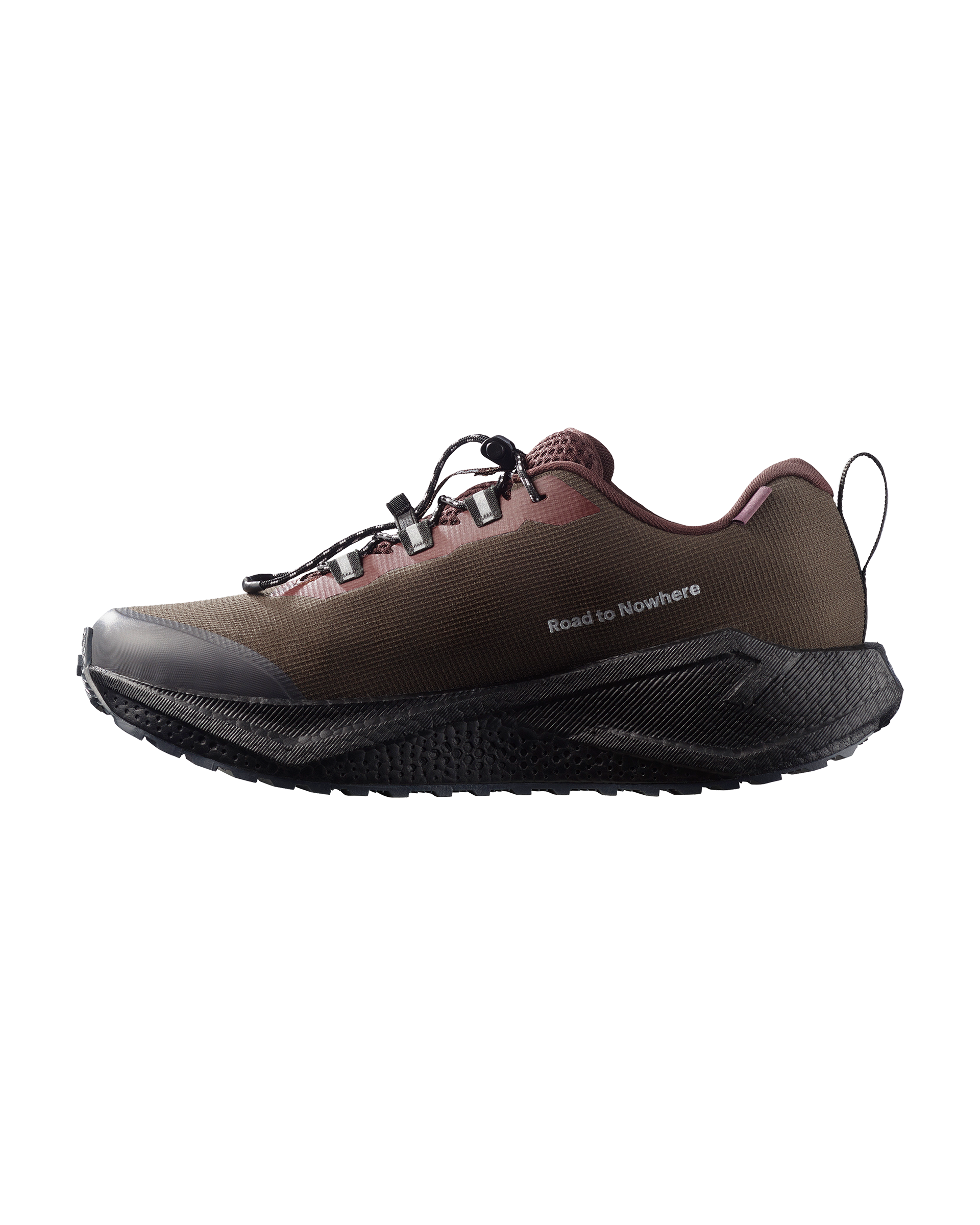 Light Brown Salomon AERO BLAZE 4 GRVL GTX trail shoe, side view with Road to Nowhere print and black outsole