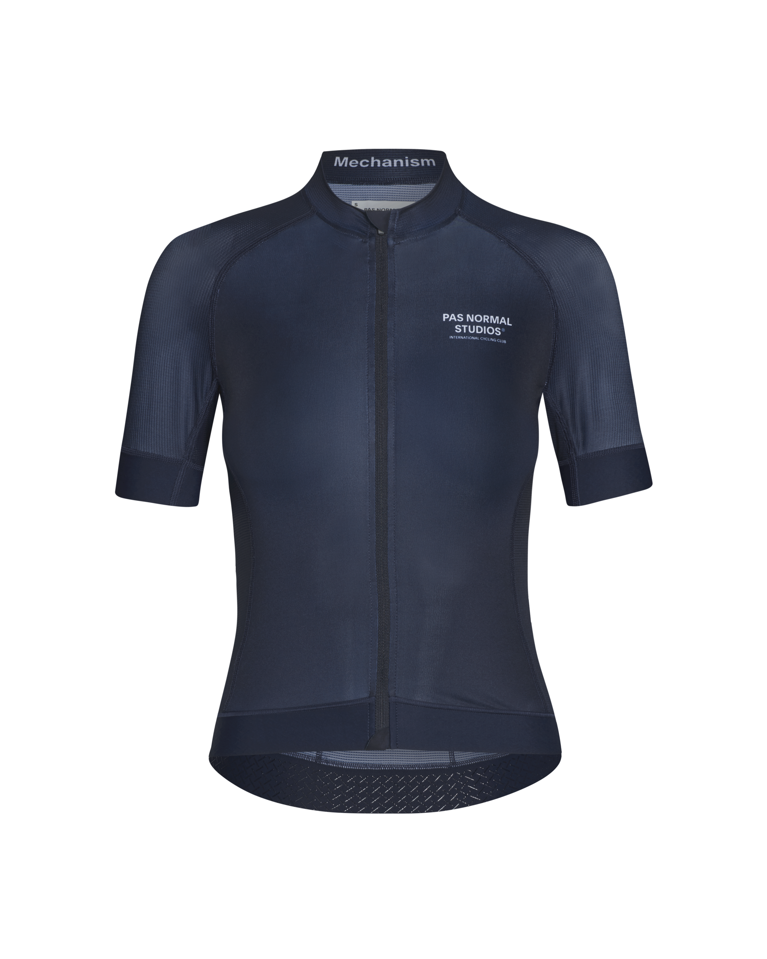 Navy Mechanism cycling jersey, front view with textured side panels and mesh hem