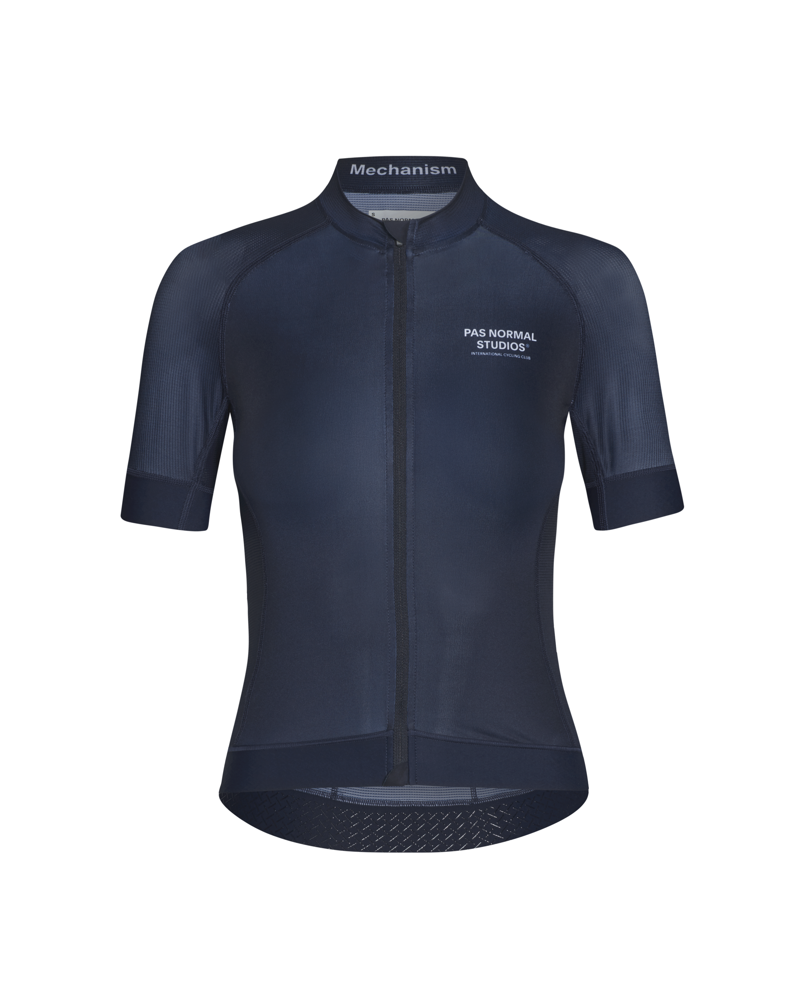 Navy Mechanism cycling jersey, front view with textured side panels and mesh hem