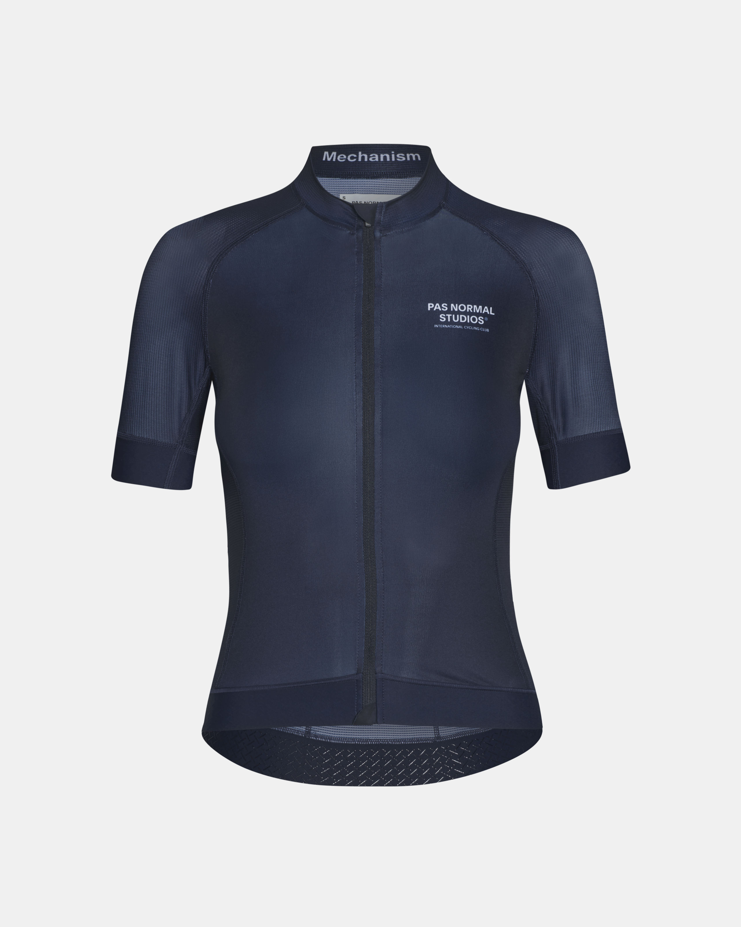 Navy Mechanism cycling jersey, front view with textured side panels and mesh hem