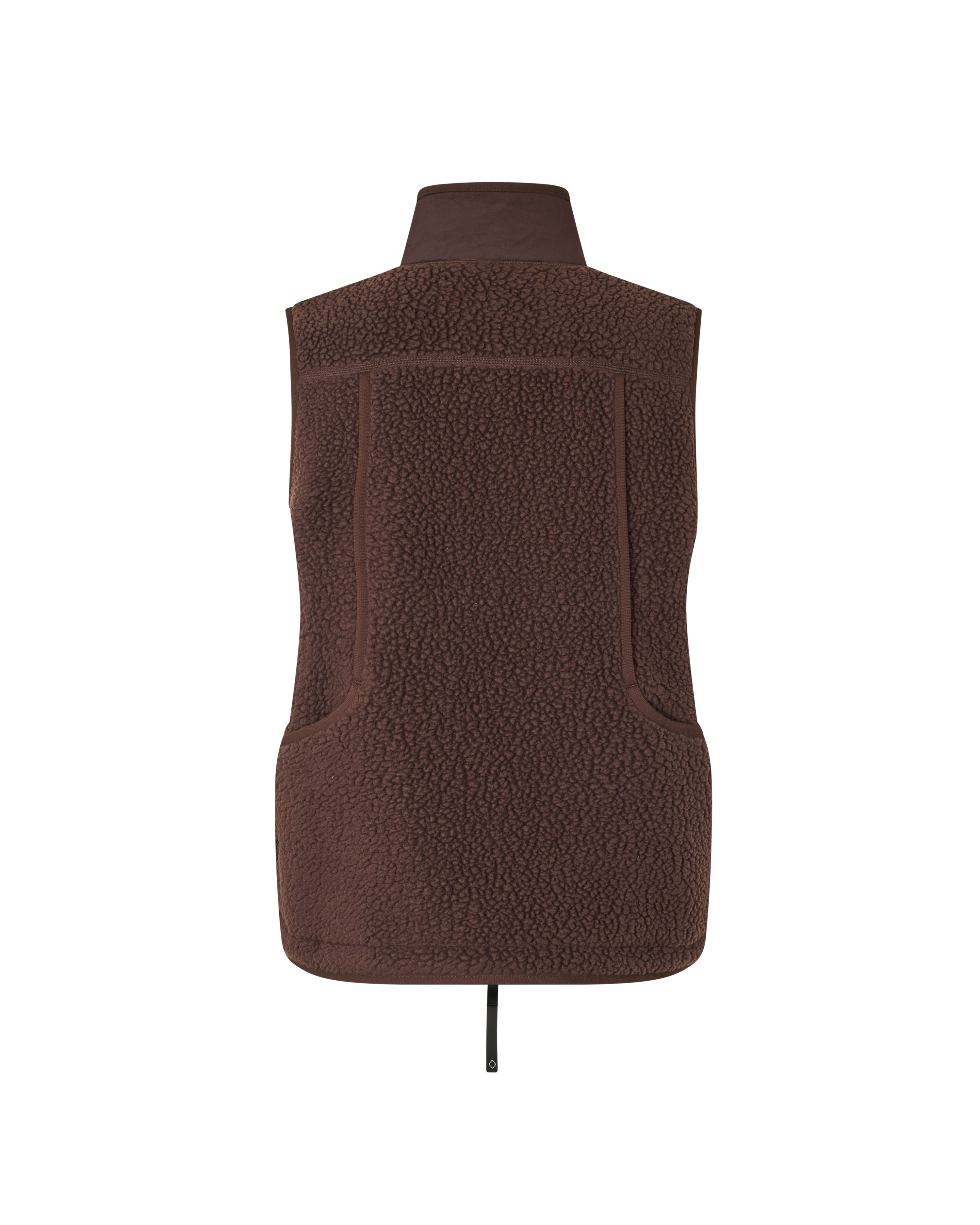 Brown Off-Race Pile Fleece vest, rear flat lay with textured fleece and contrast panels