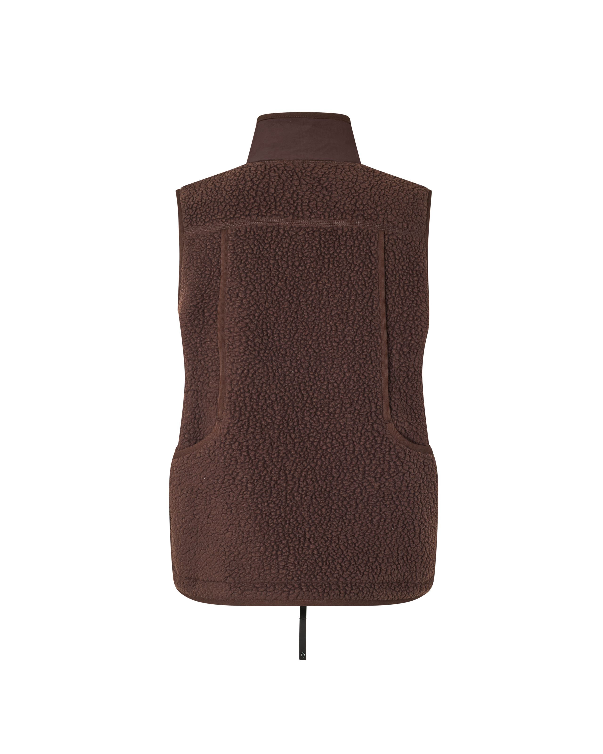 Brown Off-Race Pile Fleece vest, rear flat lay with textured fleece and contrast panels