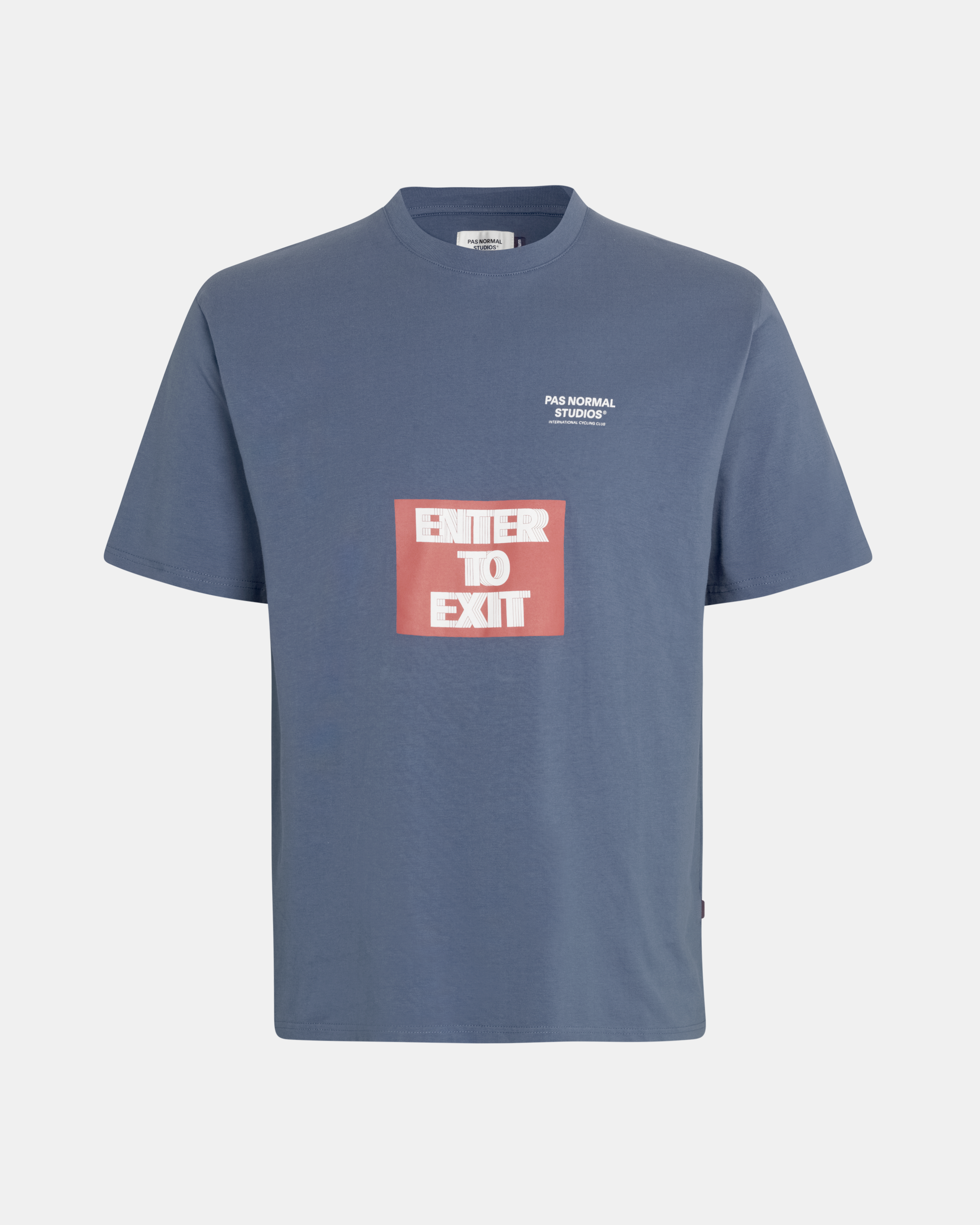Light Indigo T.K.O. Off-Race T-shirt, front flat lay with red Enter To Exit graphic print