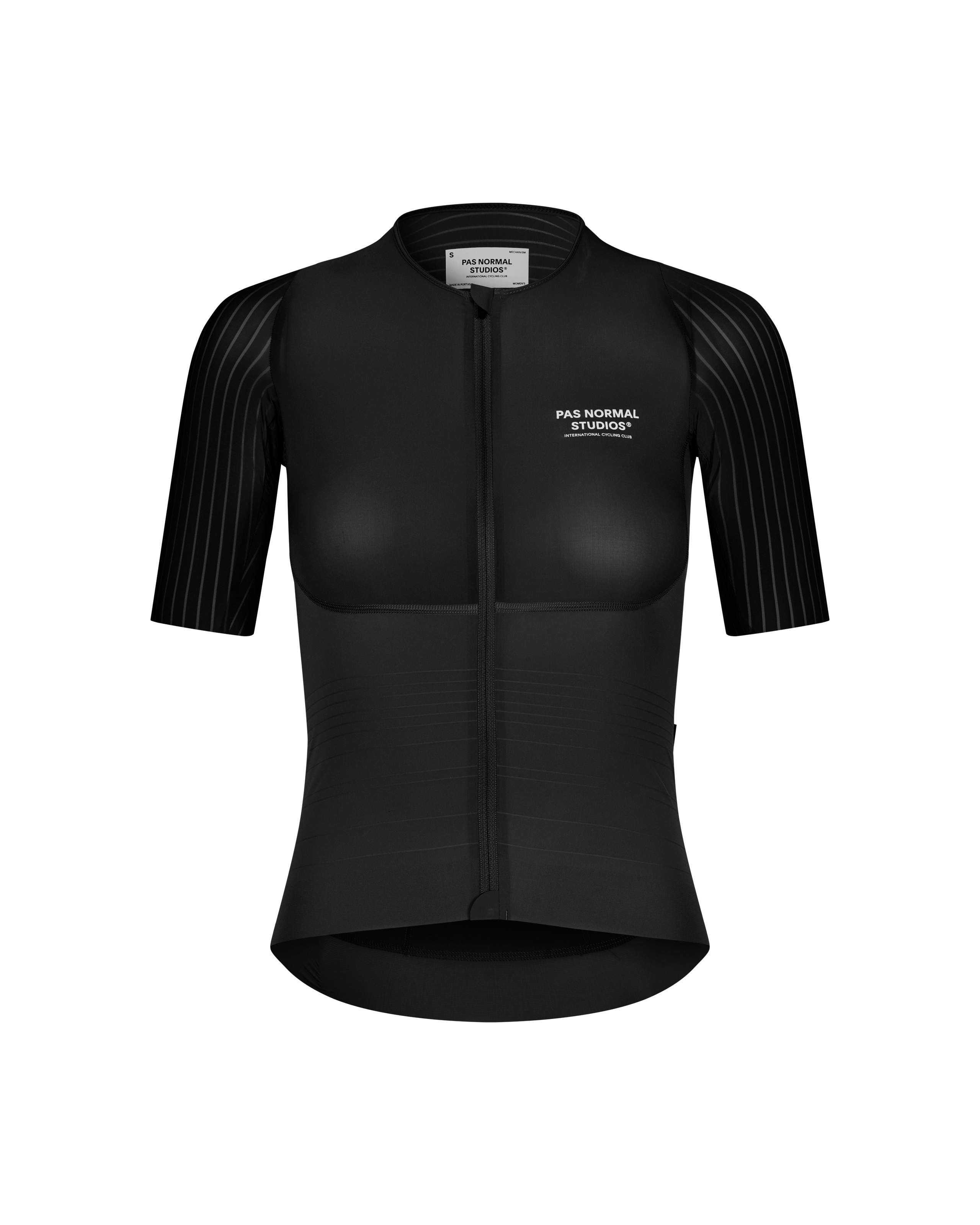 Black Mechanism Pro cycling jersey, front view with striped sleeves and white chest logo