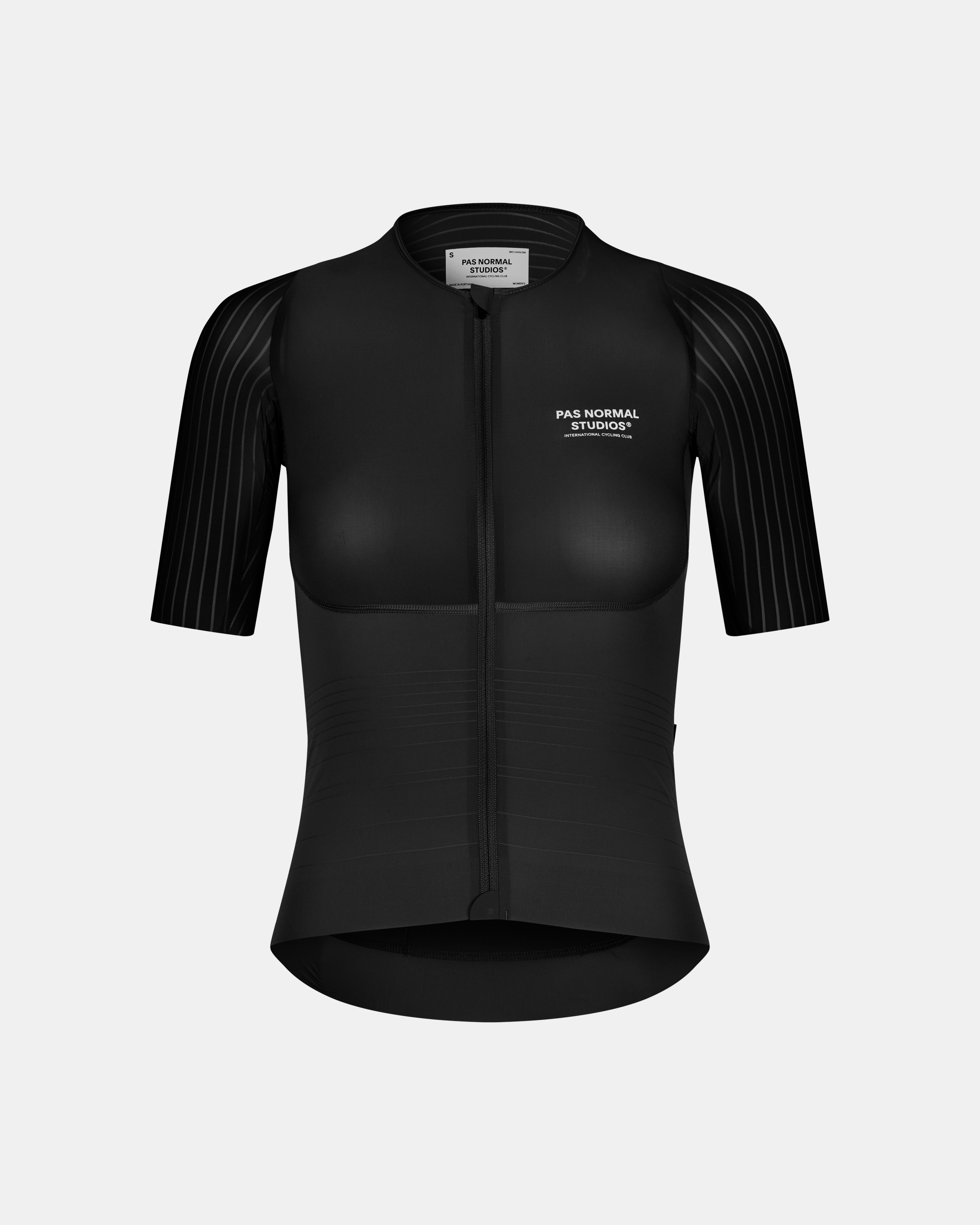 Black Mechanism Pro cycling jersey, front view with striped sleeves and white chest logo