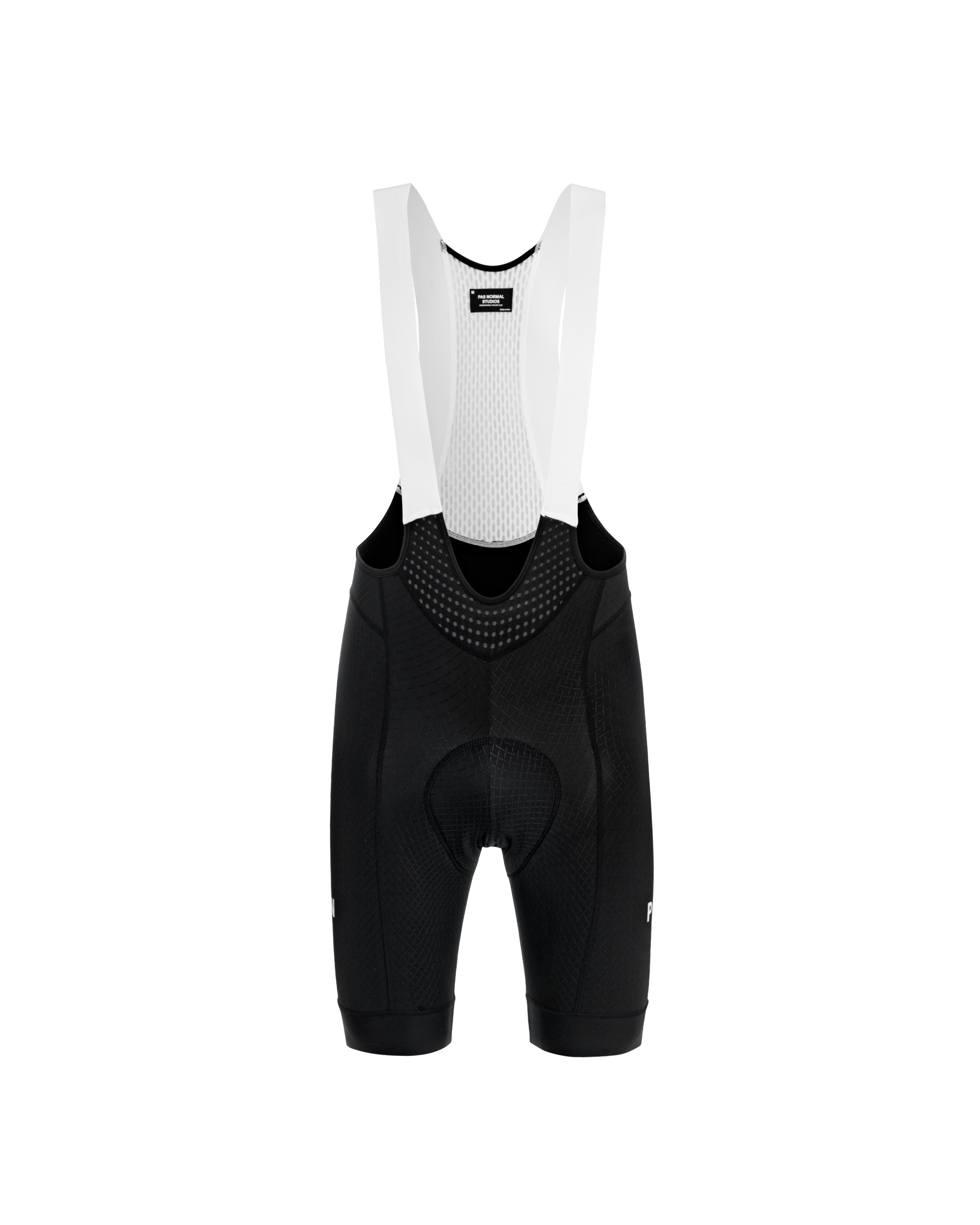 Black Mechanism cycling bibs, front flat lay with white mesh panel and perforated bib straps
