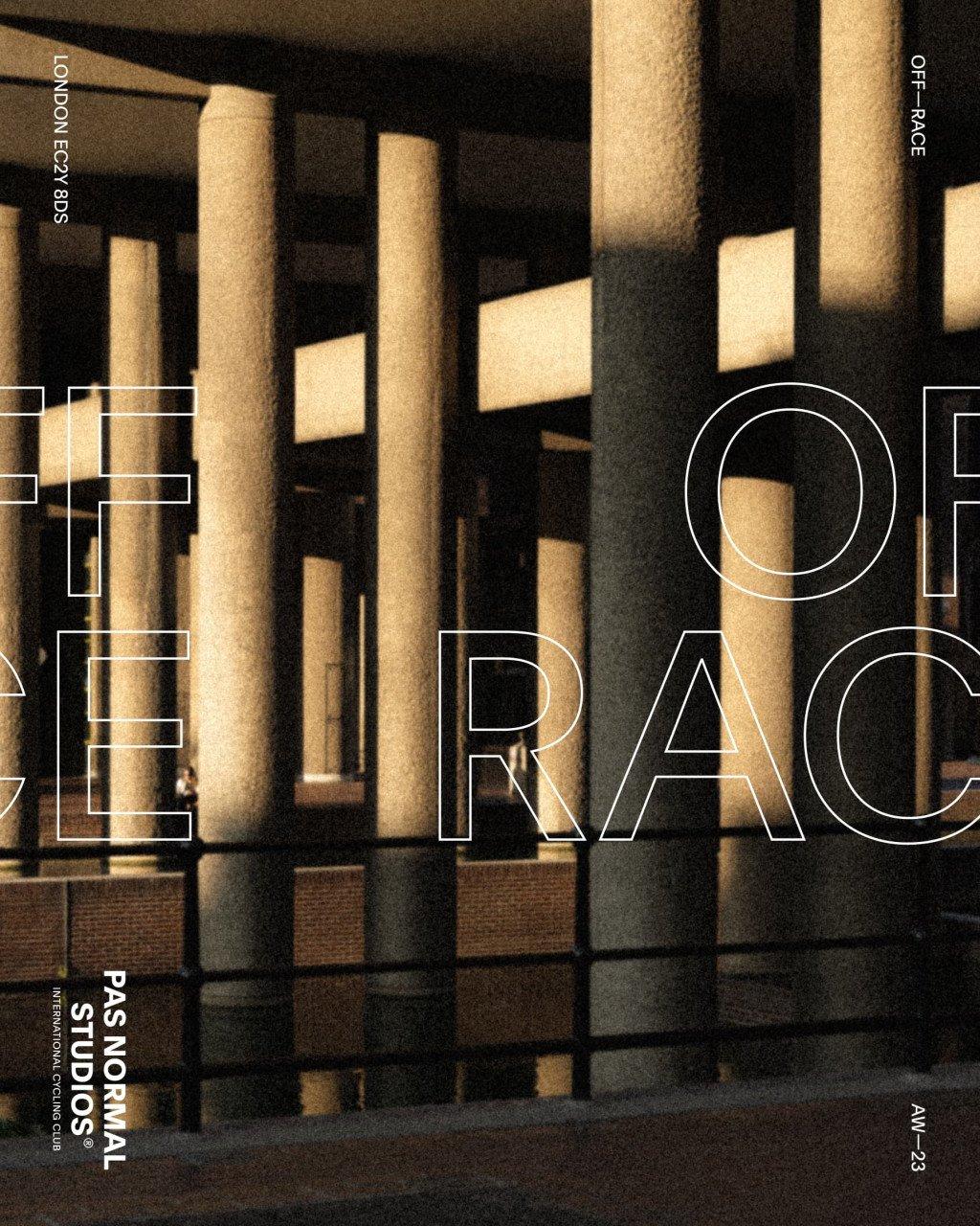 Off-Race collection lookbook cover featuring concrete columns with warm lighting and geometric typography