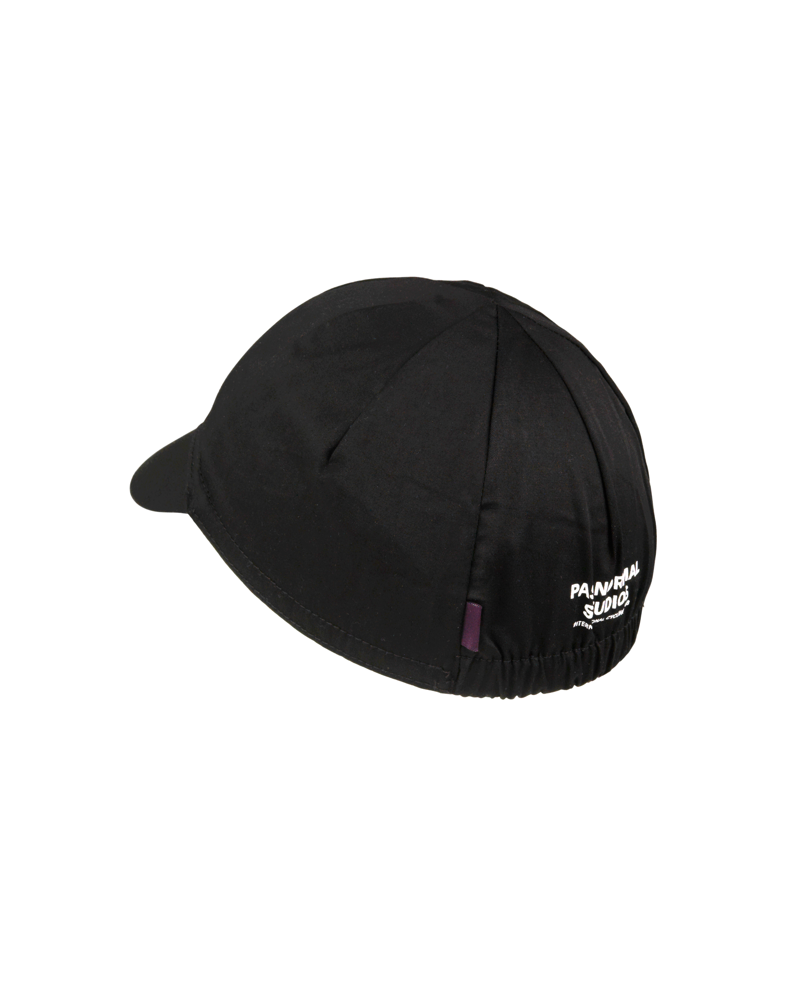 Black Logo cycling cap, side view with white embroidered logo and purple label