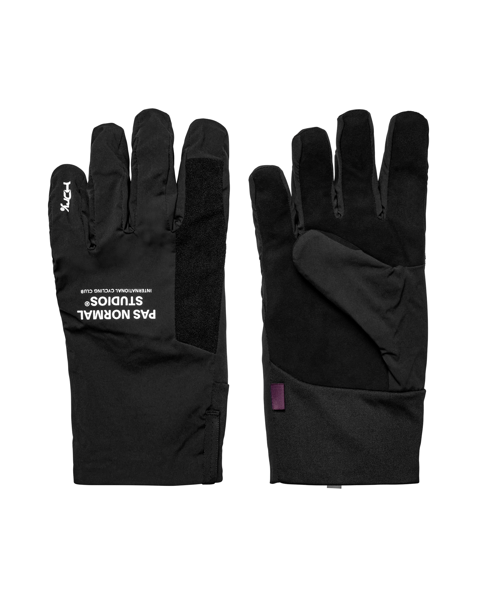 Black Logo Mid cycling gloves, front and back flat lay pair with white logo print and contrast palm panel