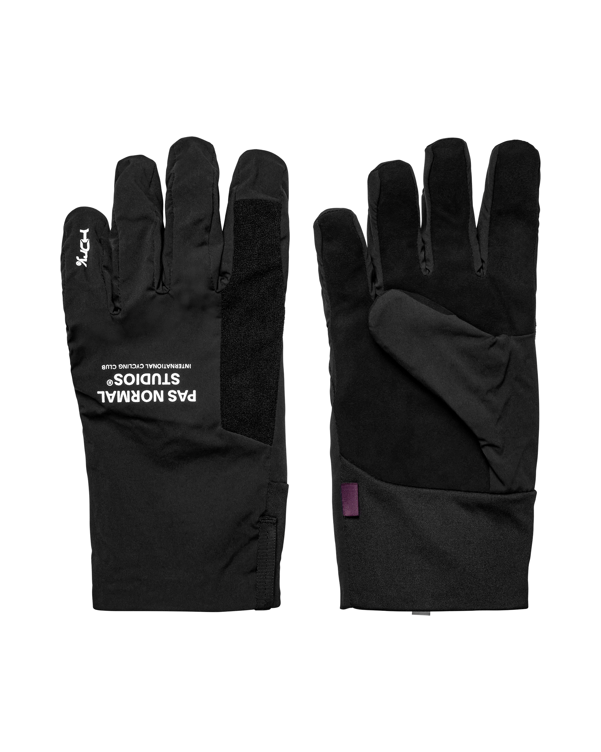 Black Logo Mid cycling gloves, front and back flat lay pair with white logo print and contrast palm panel