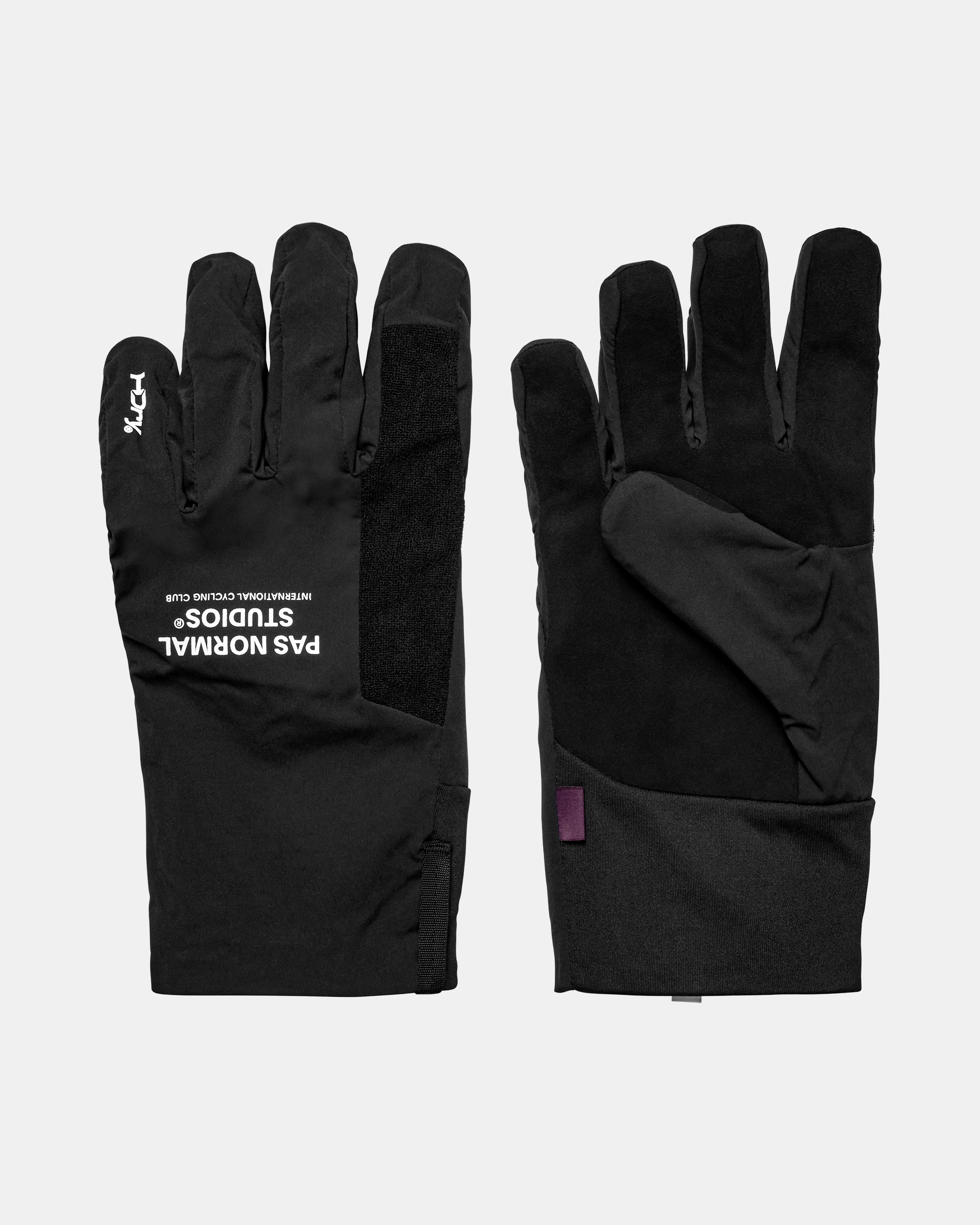 Black Logo Mid cycling gloves, front and back flat lay pair with white logo print and contrast palm panel