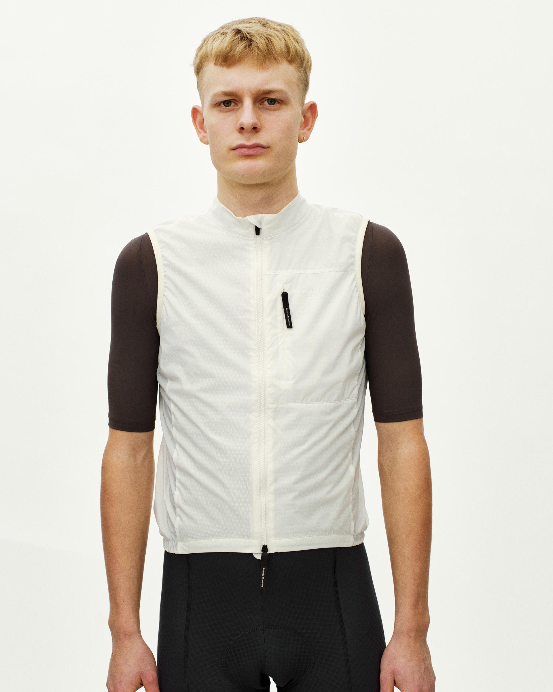 Off White Essential Insulated gilet on model, front view with chest zip pocket