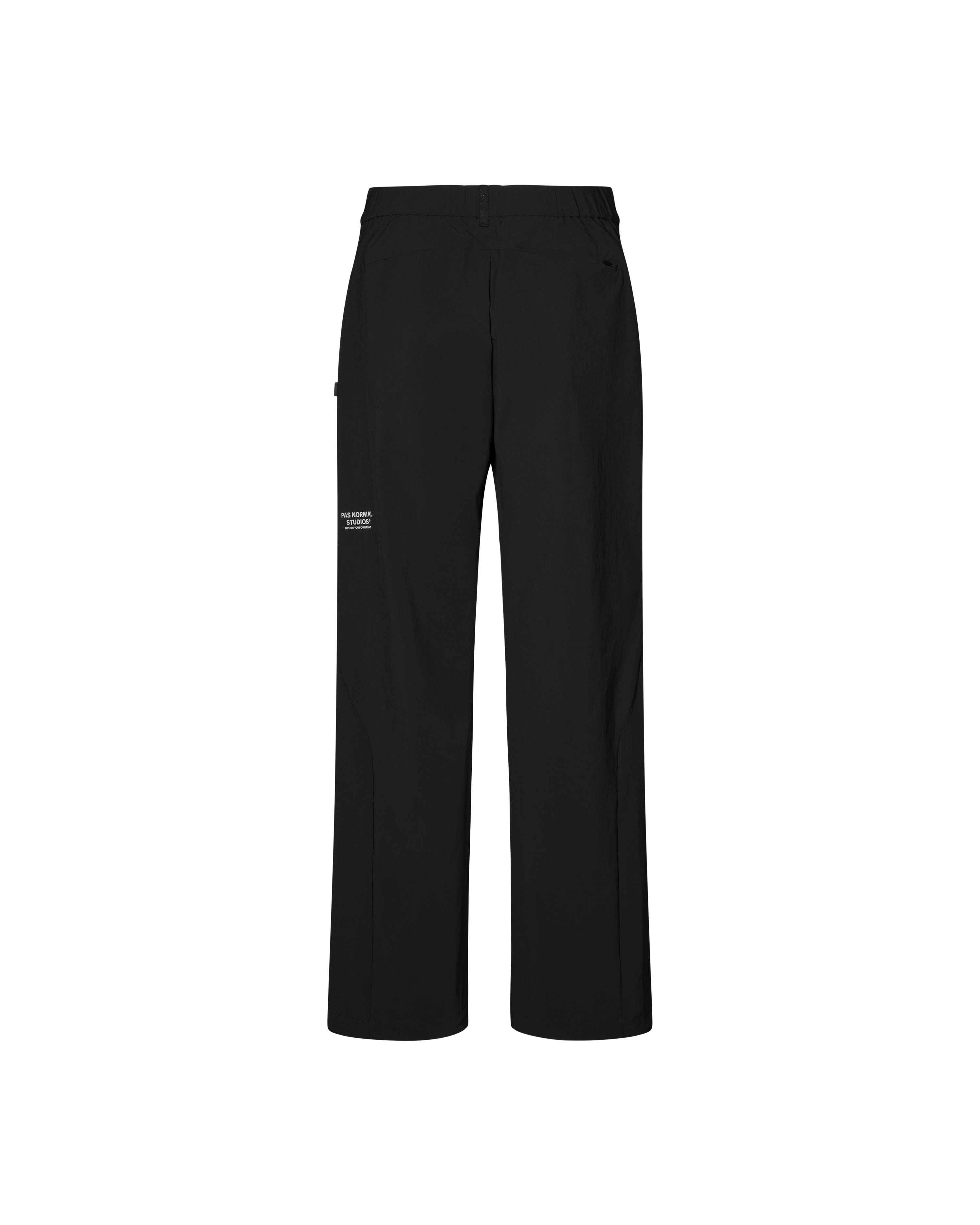 Black Off-Race Tech pants, front flat lay with elastic waistband and white logo detail