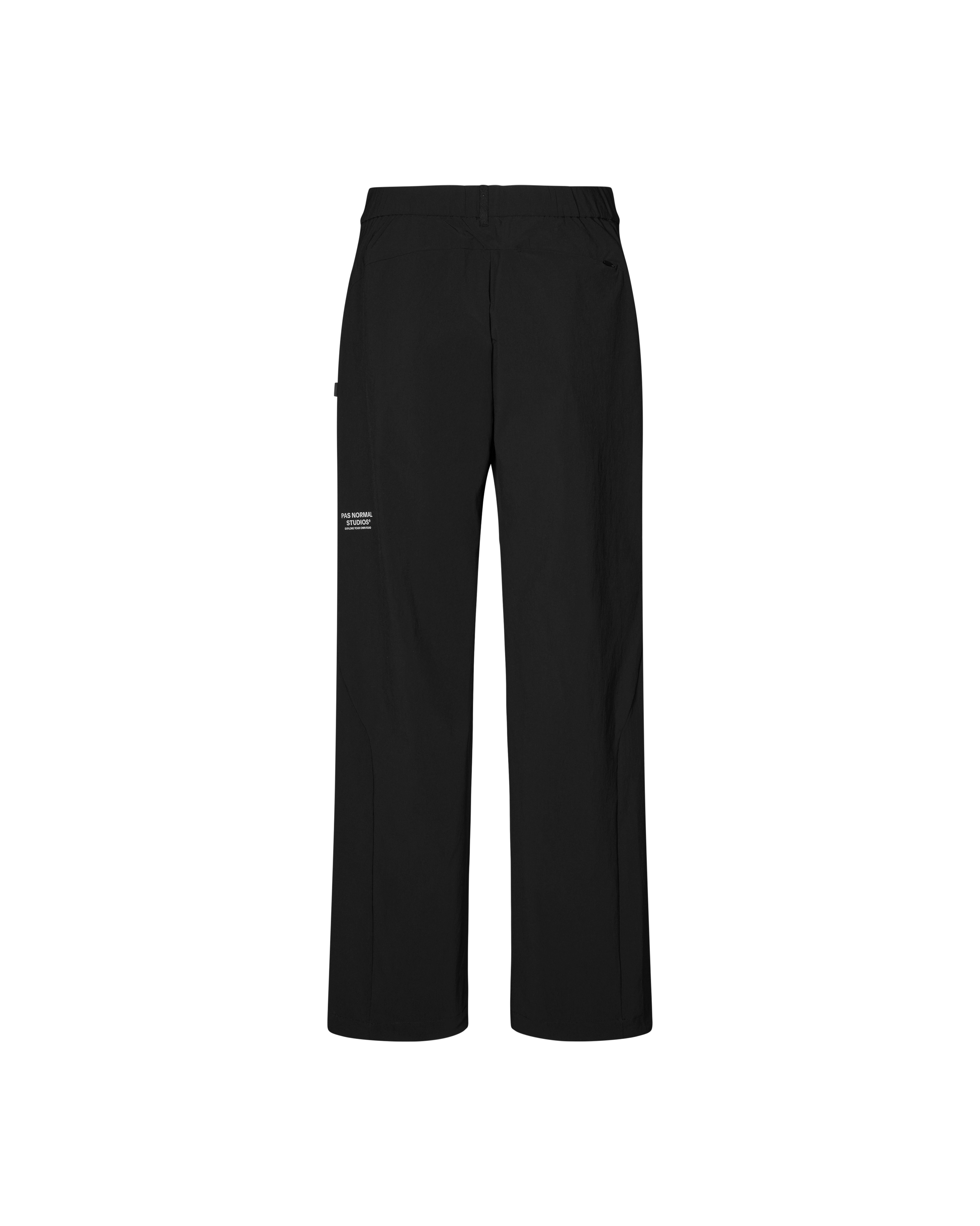 Black Off-Race Tech pants, front flat lay with elastic waistband and white logo detail