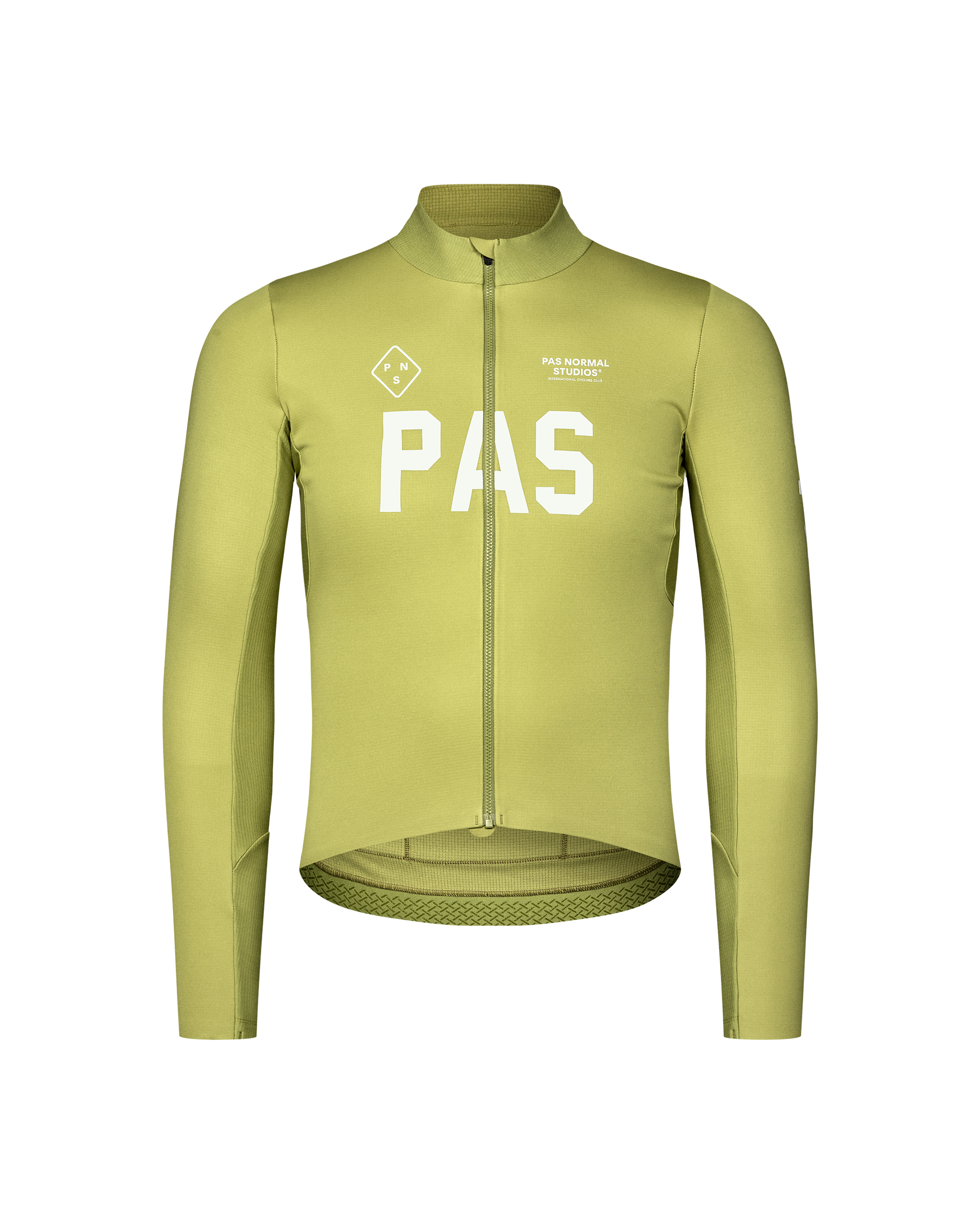 Dark Lime green PAS Mechanism Thermal long sleeve cycling jersey, front flat lay with white chest print