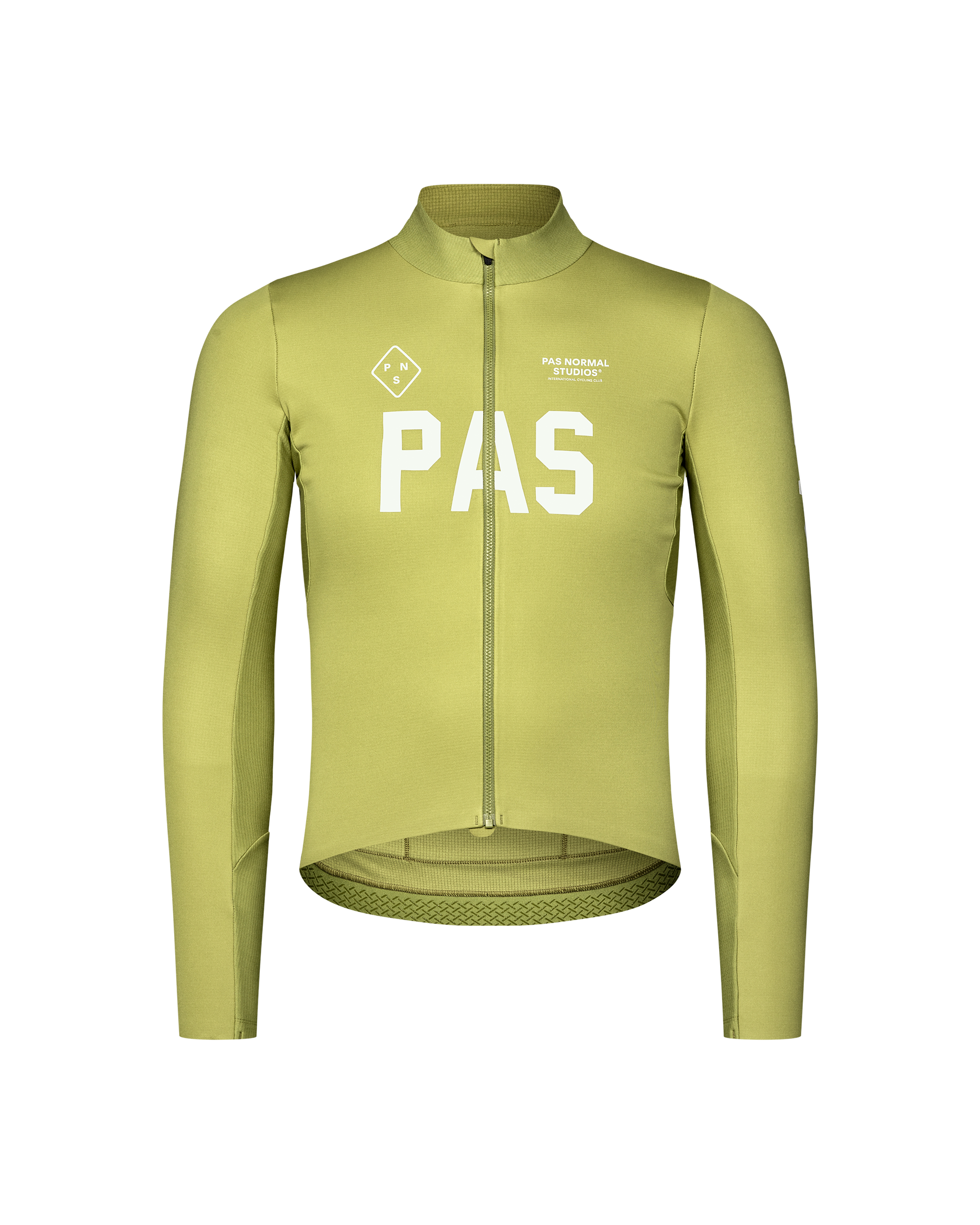 Dark Lime green PAS Mechanism Thermal long sleeve cycling jersey, front flat lay with white chest print