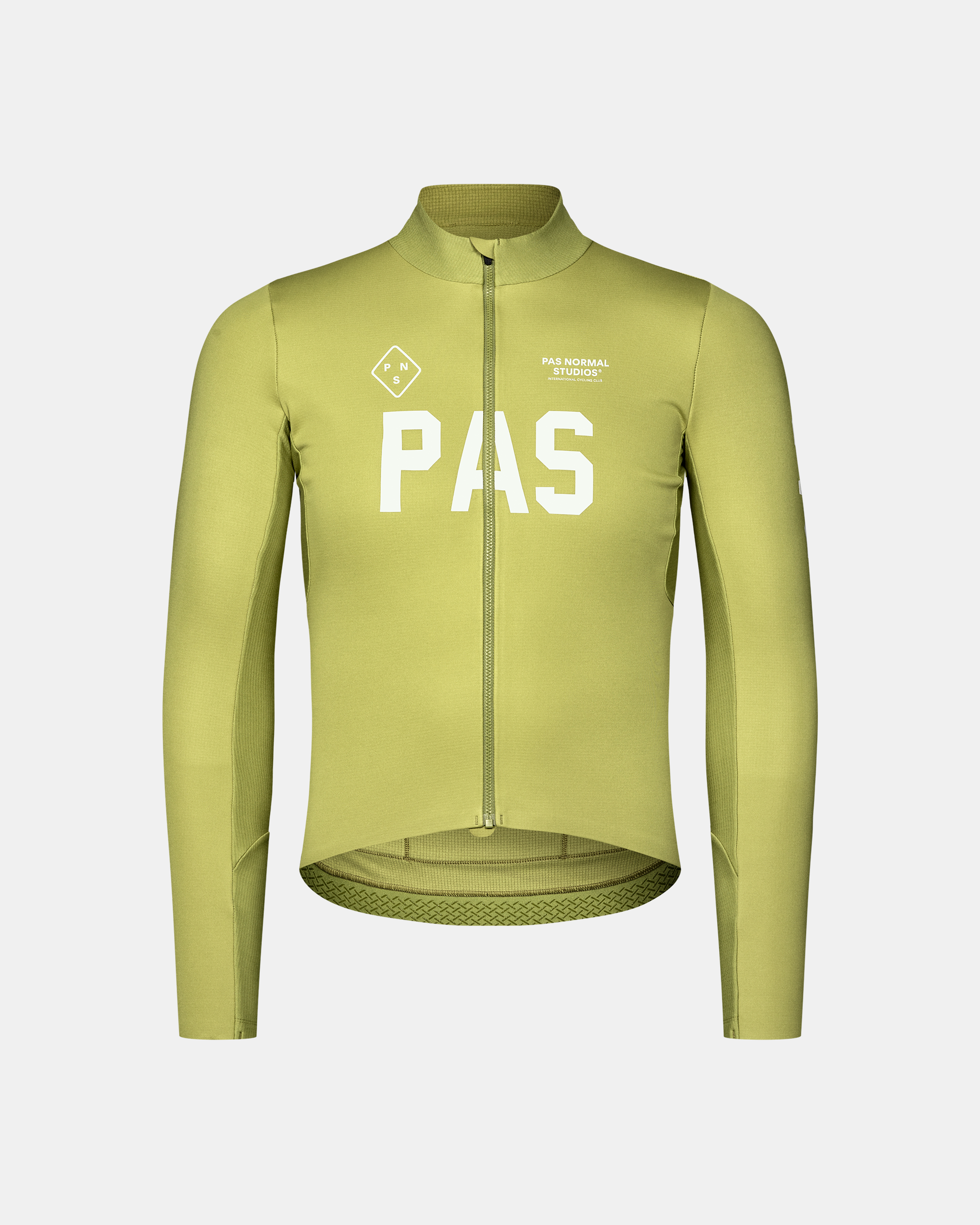 Dark Lime green PAS Mechanism Thermal long sleeve cycling jersey, front flat lay with white chest print