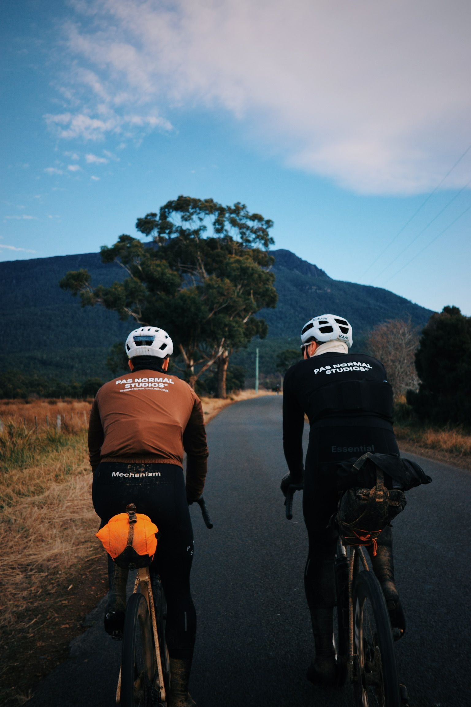 Two cyclists on road with brown and black long-sleeve jerseys with logo branding, mountain landscape background