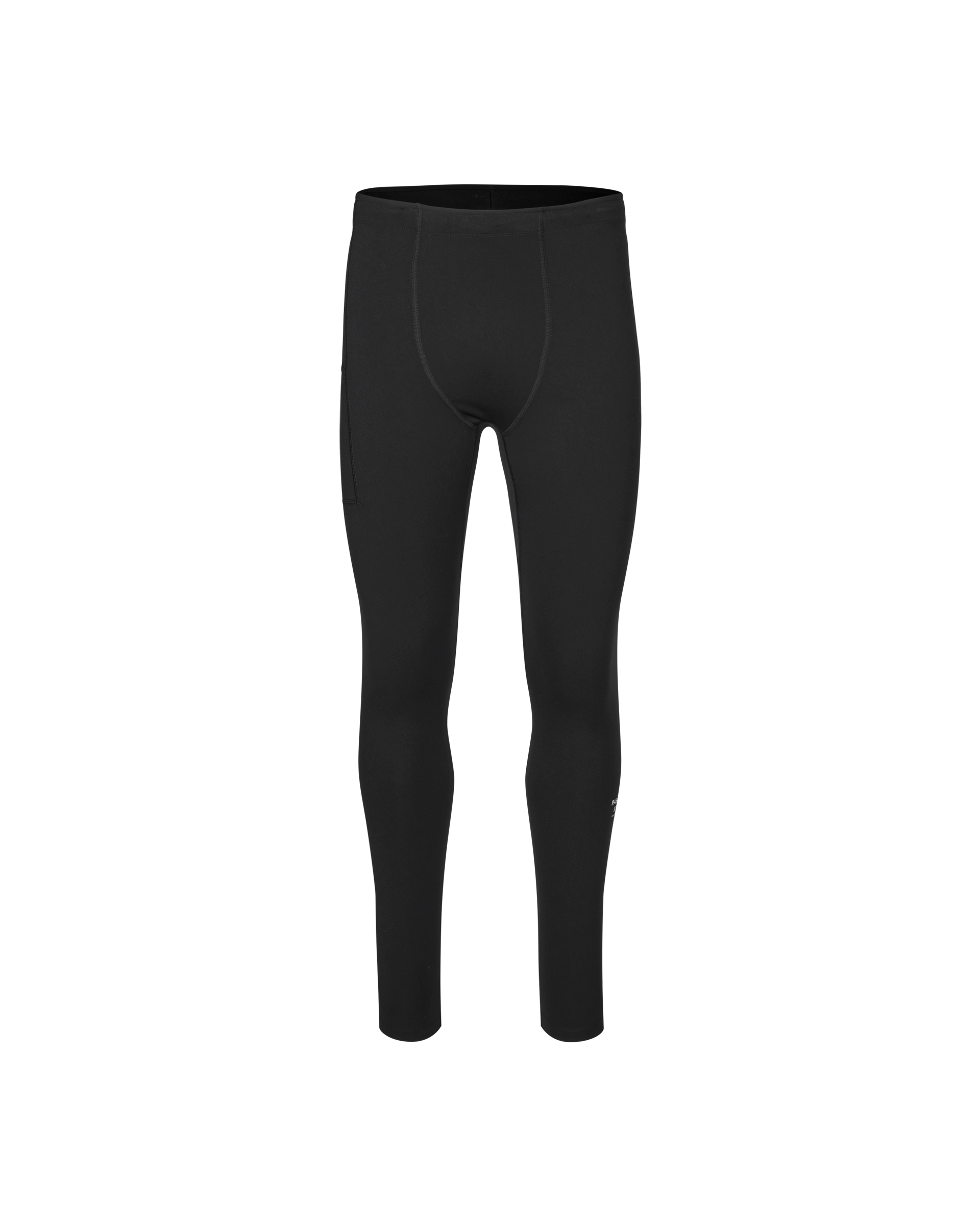Black Balance long tights, front flat lay with side pocket and small logo at lower leg