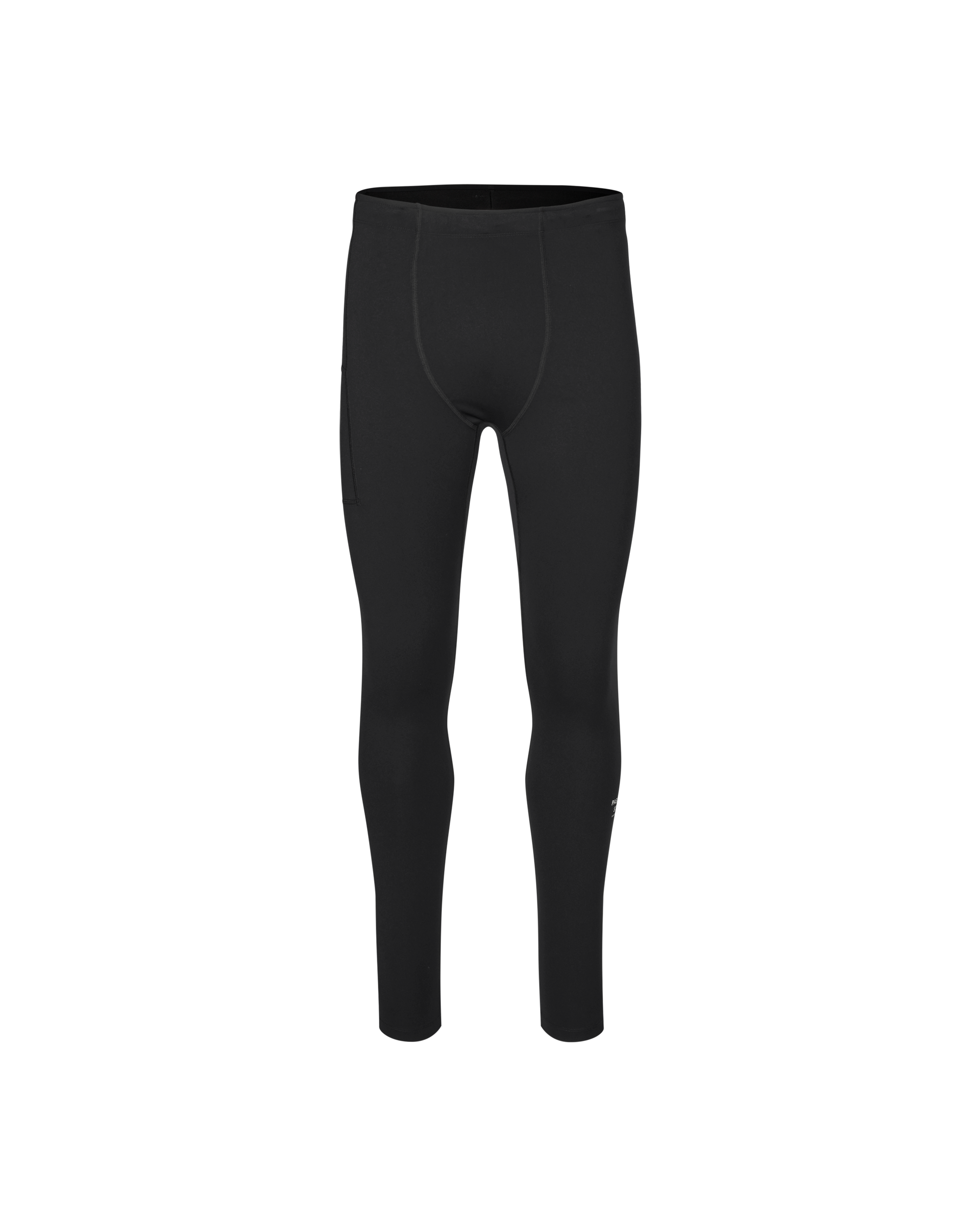 Black Balance long tights, front flat lay with side pocket and small logo at lower leg